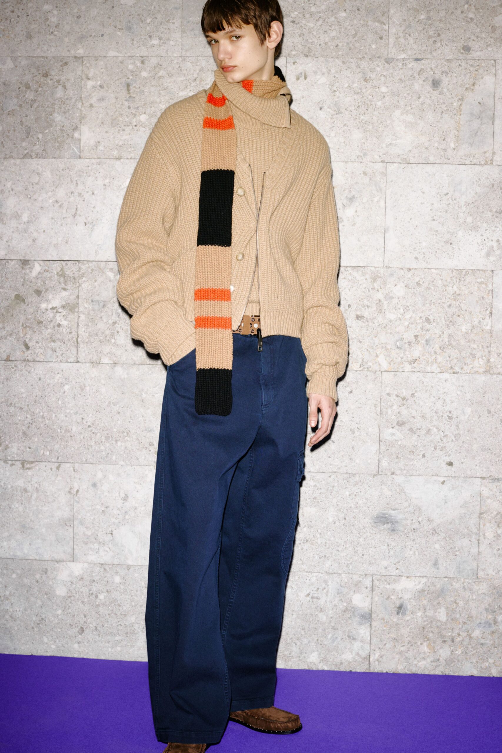 beige wool long-sleeve collared relaxed ribbed cardigan