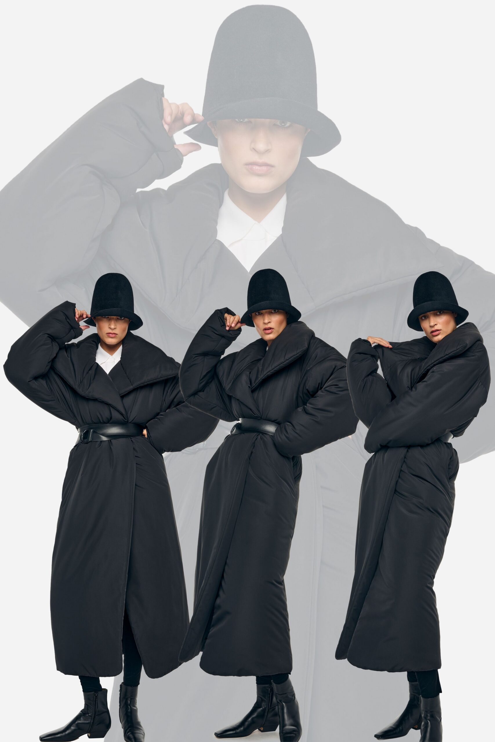 black faux-fur long-sleeve collared oversized belted maxi coat
