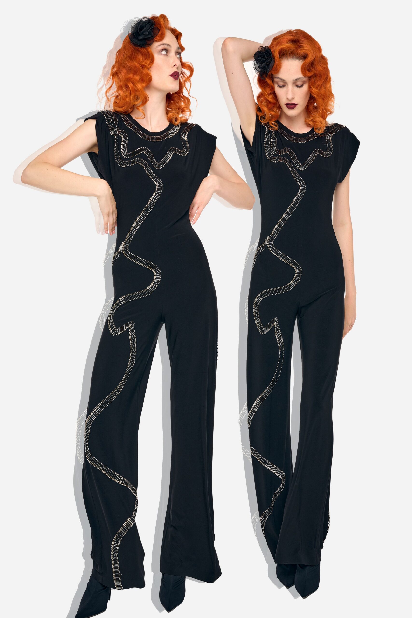black fitted jumpsuit with embroidery