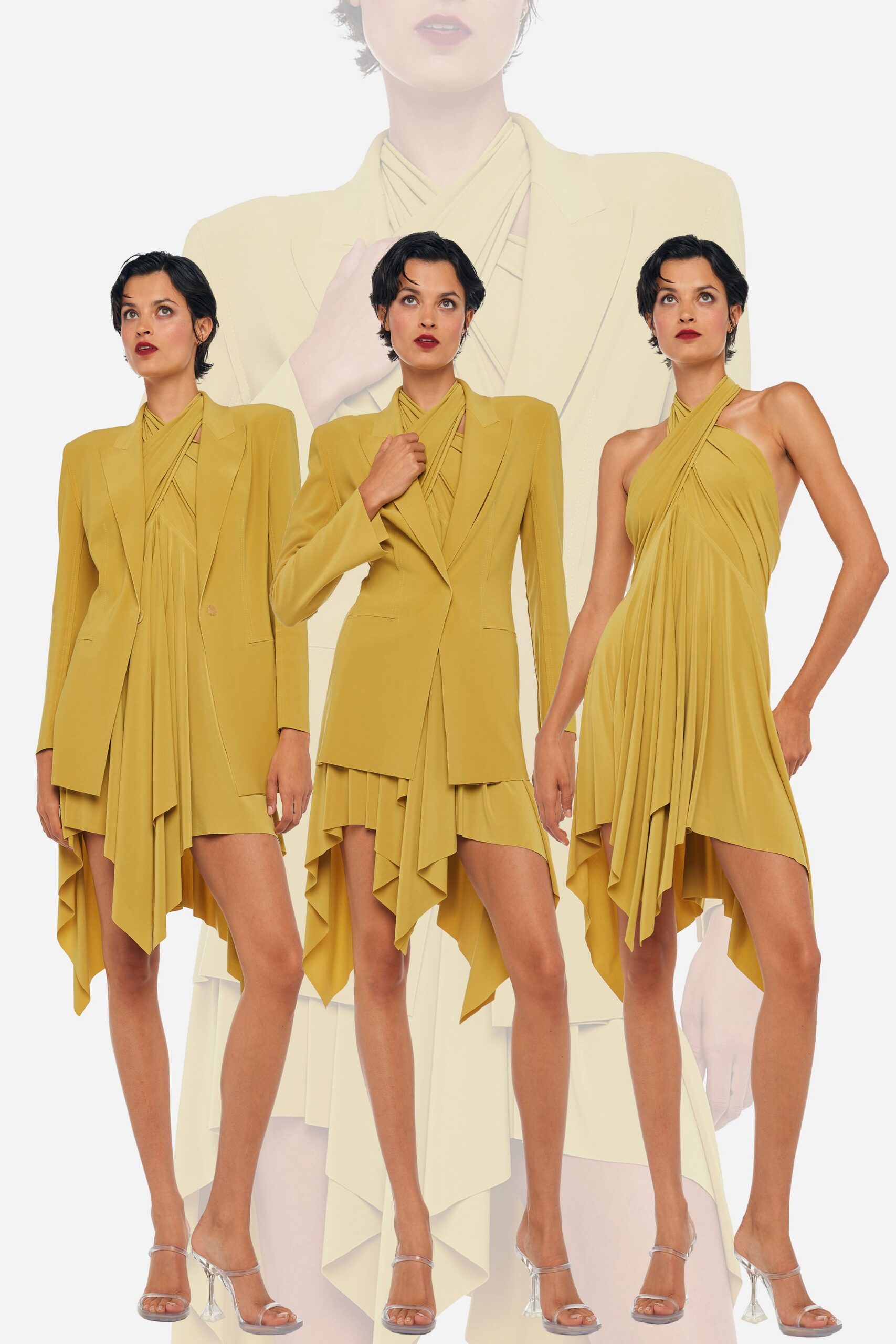 yellow silk sleeveless v-neck fitted draped mini dress