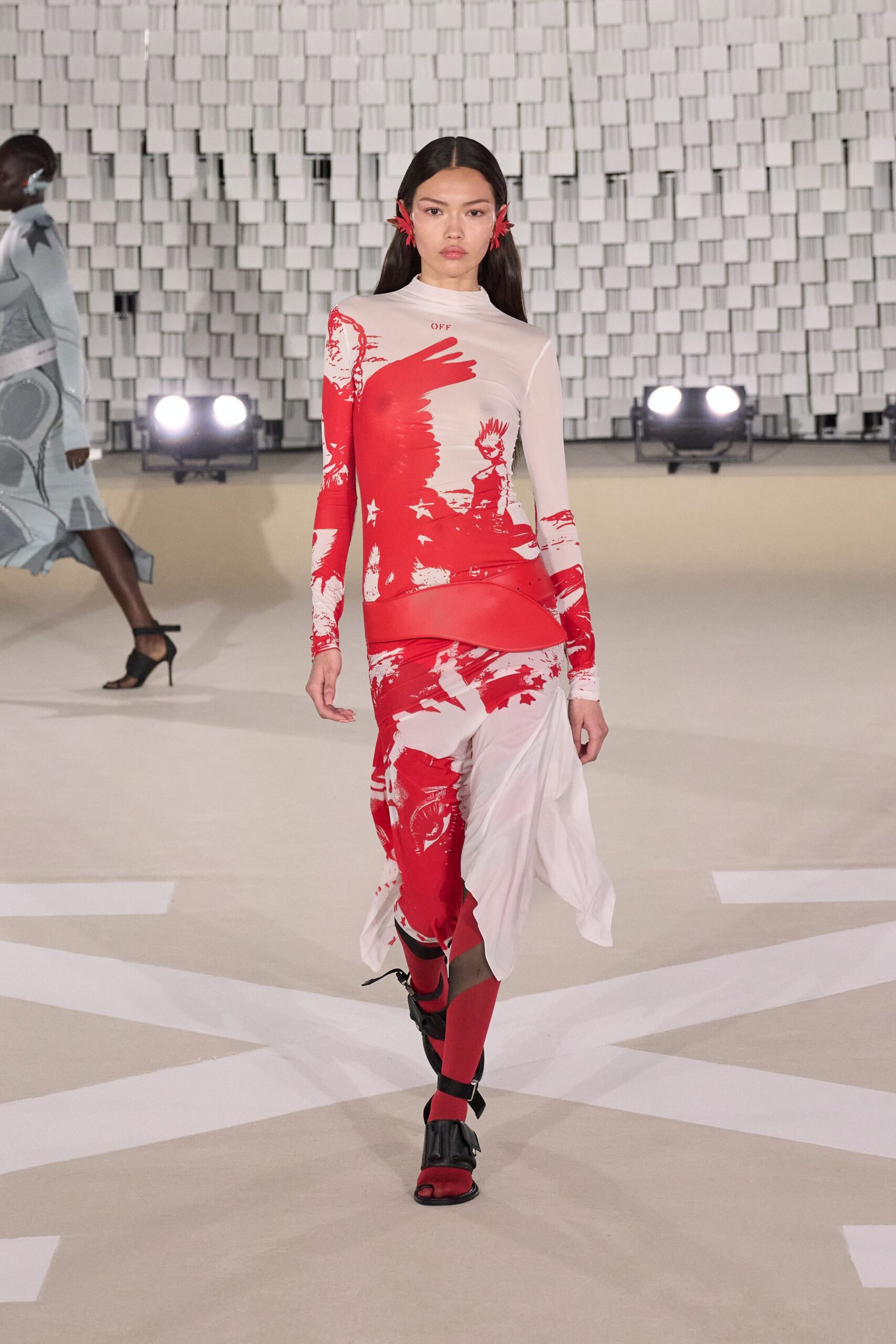 red cotton long-sleeve asymmetric fitted printed draped dress