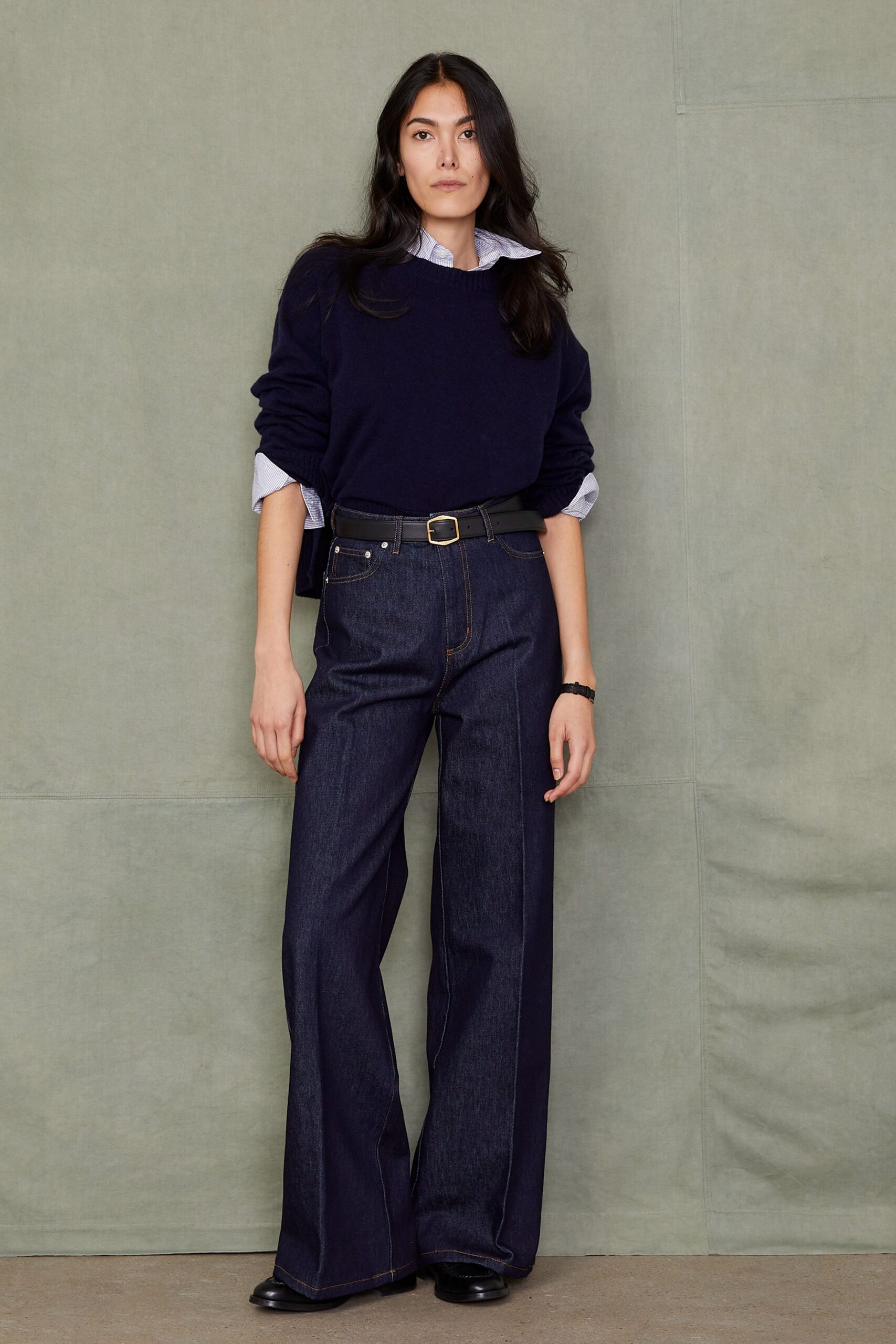 navy sweater white shirt wide-leg jeans