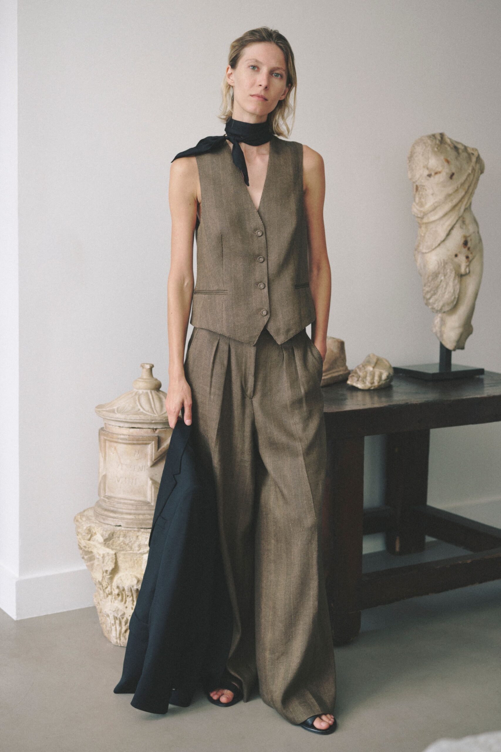 brown cotton vest with black blazer