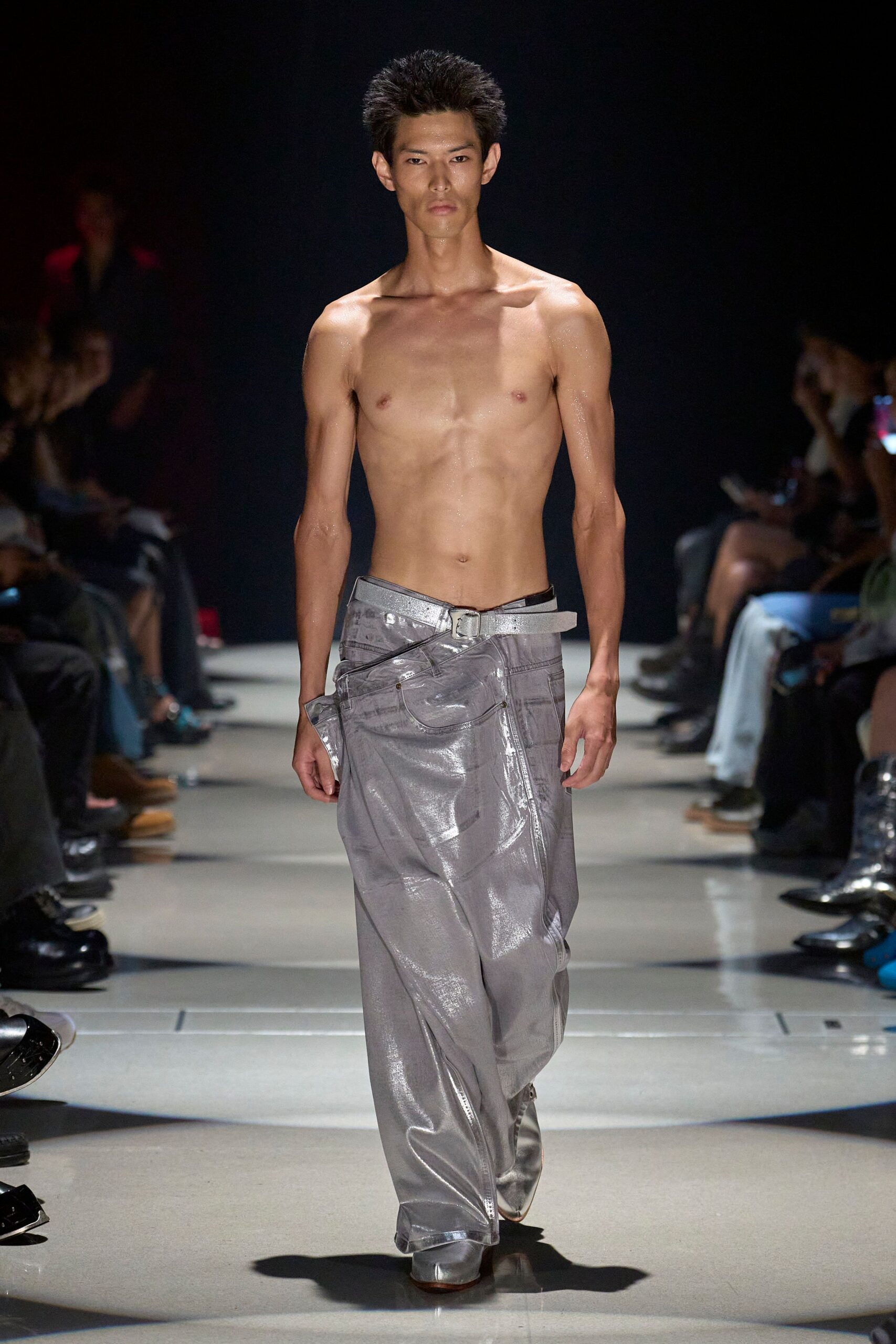 shiny silver relaxed pants