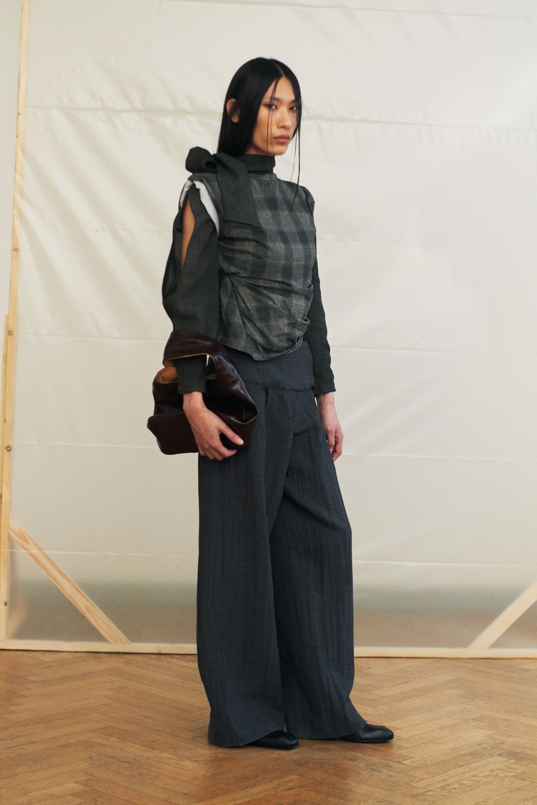 gray relaxed top with wide-leg pants