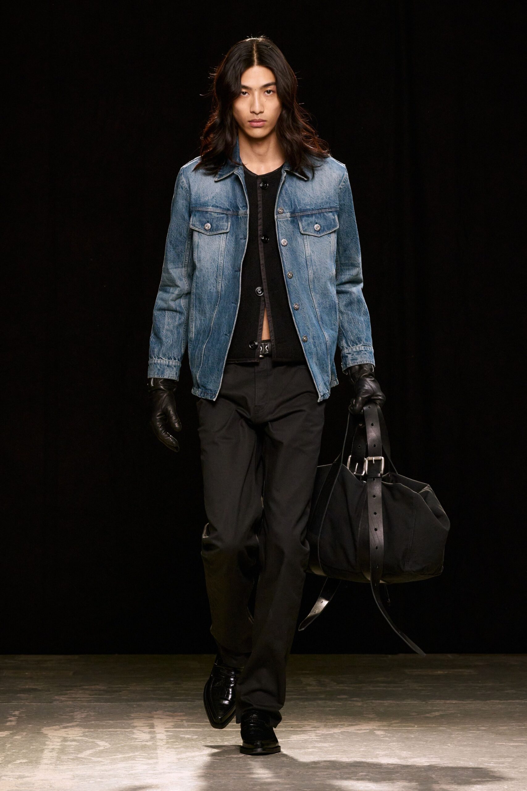 blue denim jacket black outfit