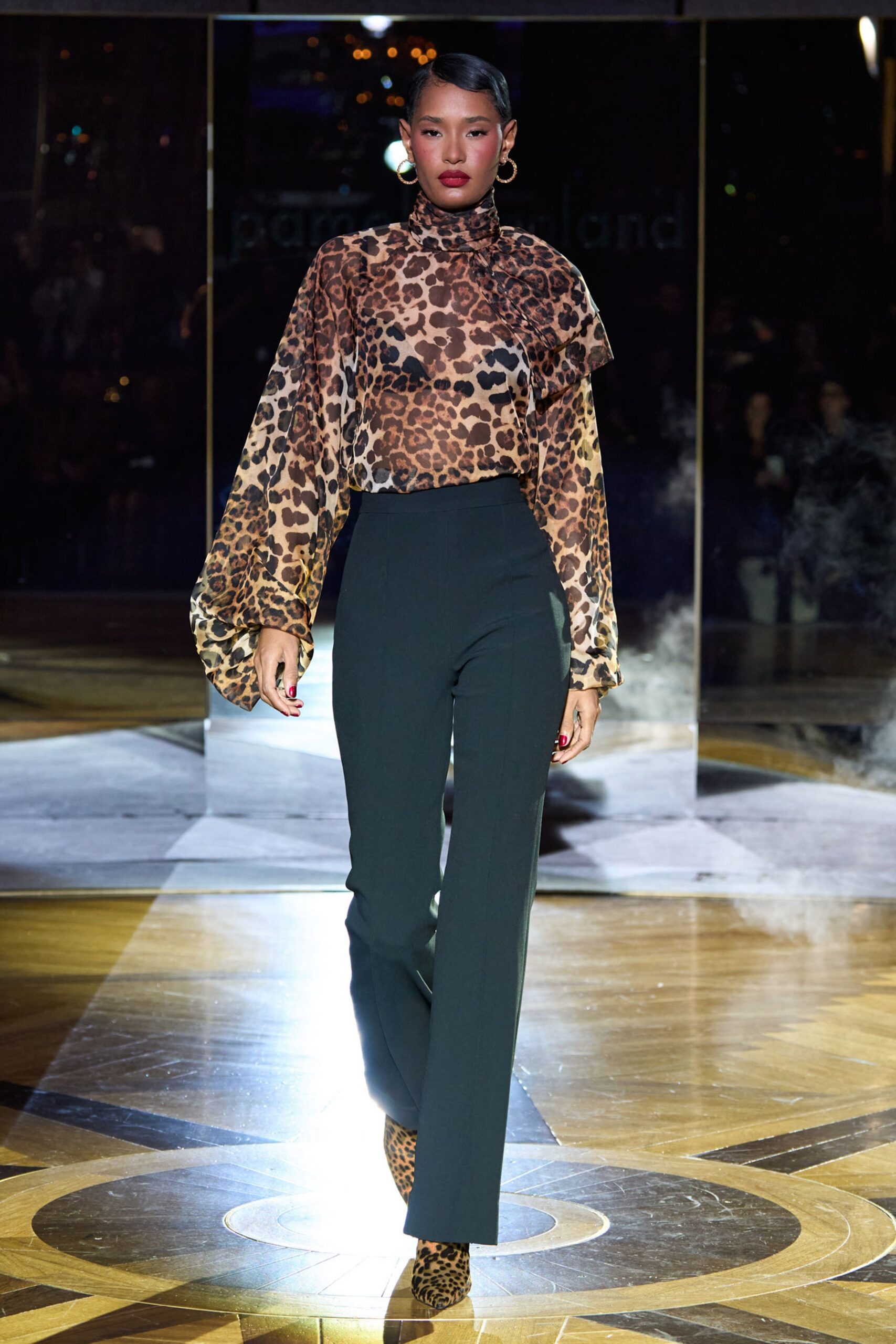 brown silk long-sleeve high-neck fitted animal-print top