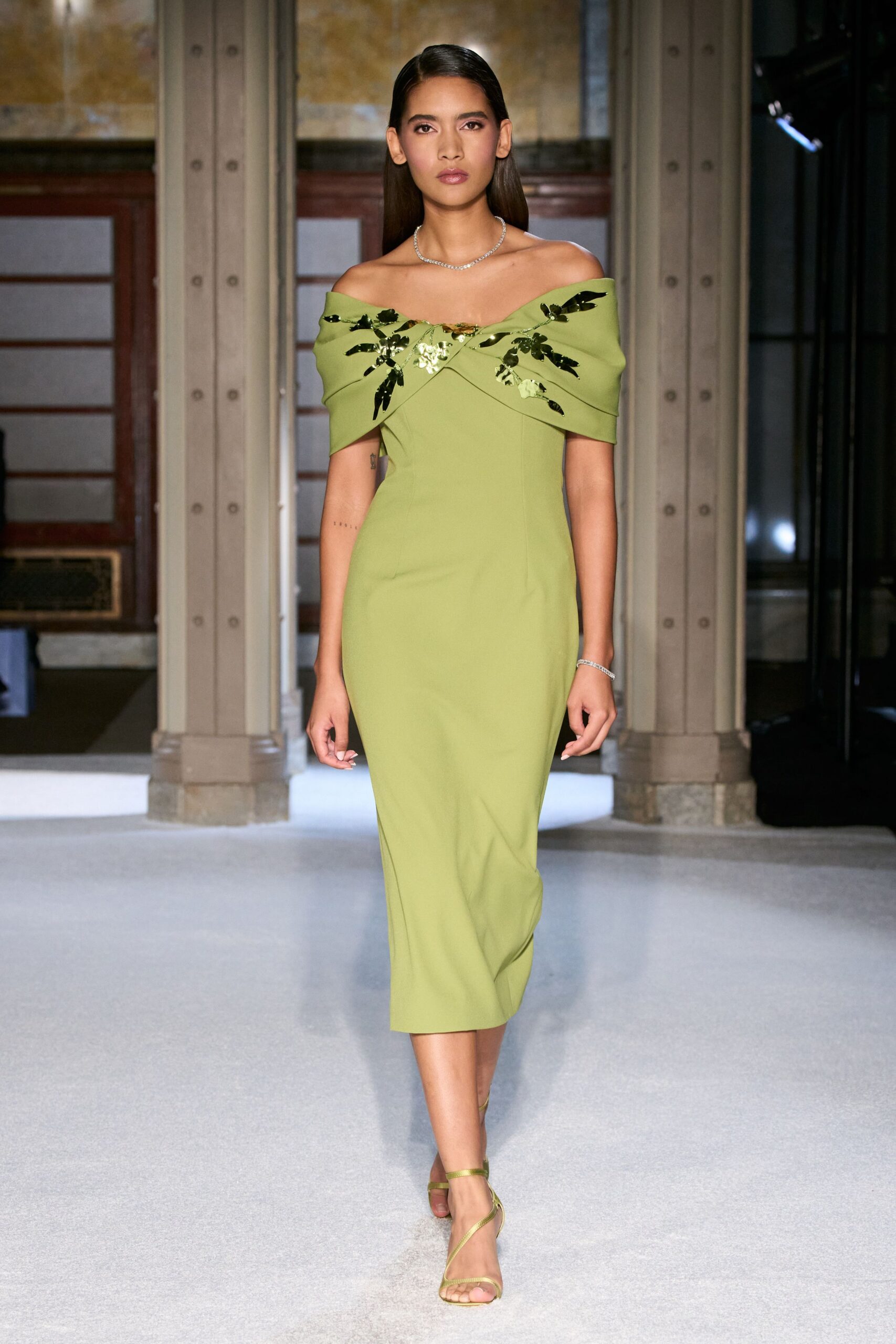 green cotton off-shoulder short-sleeve fitted embroidered midi dress