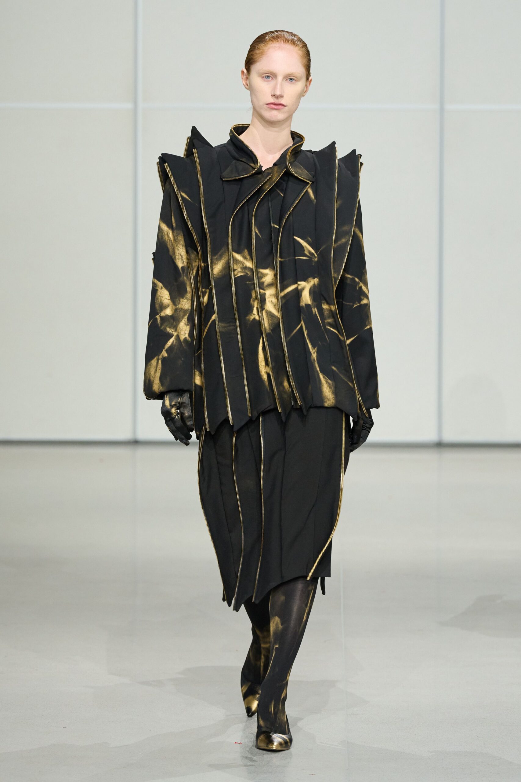black silk long-sleeve collared structured layered zippered coat