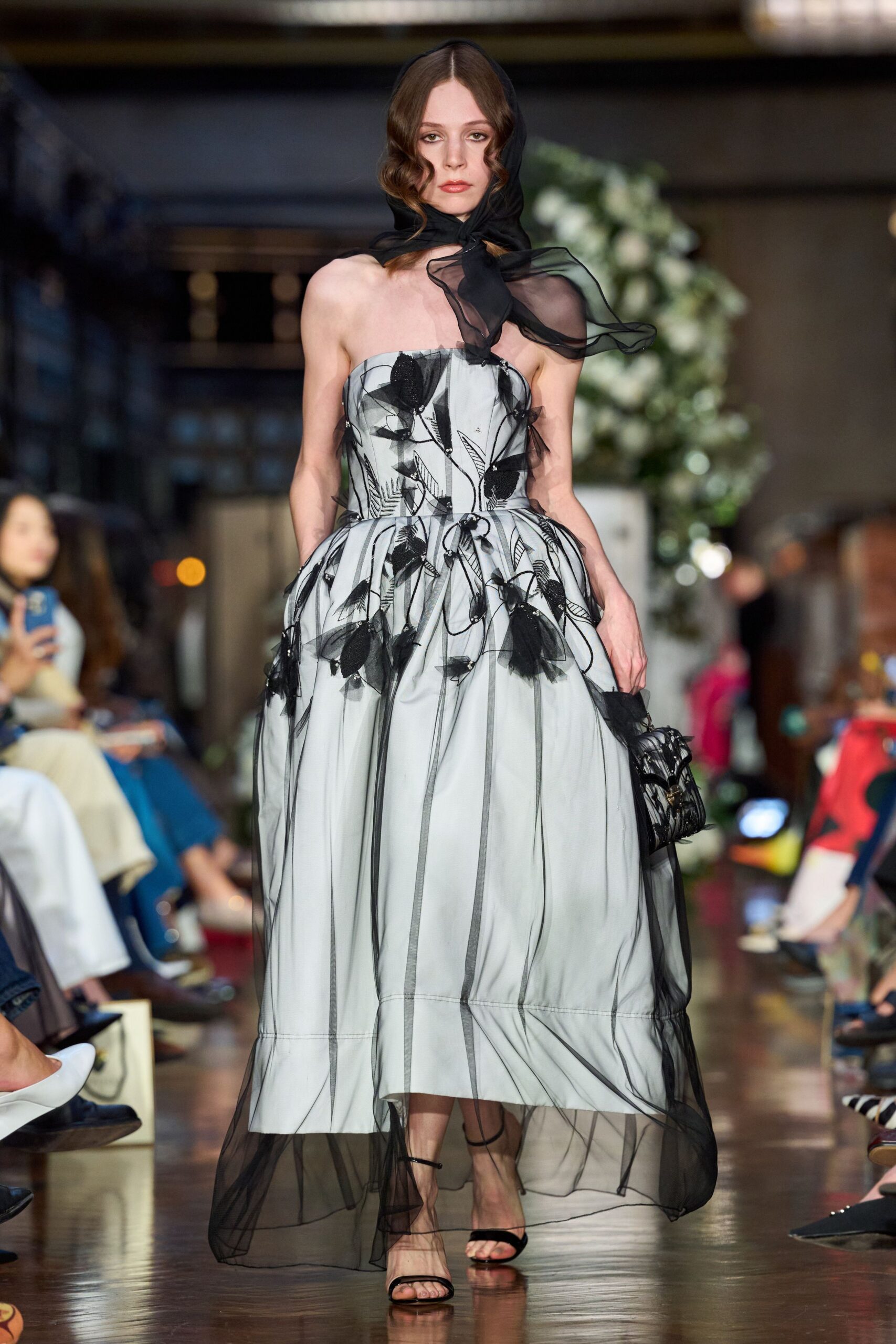 black silk strapless fitted pleated layered sheer dress