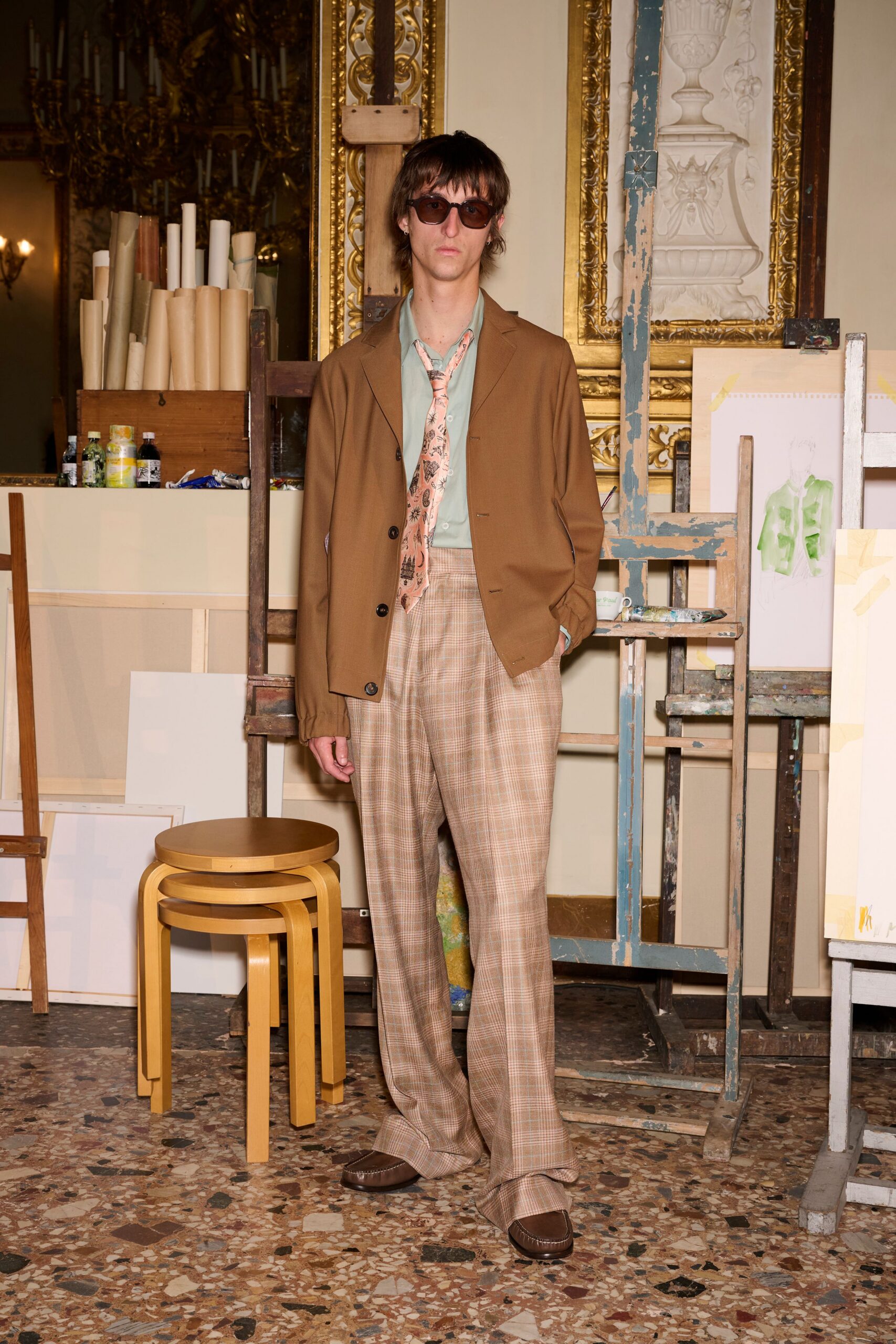 brown tailored blazer with green shirt