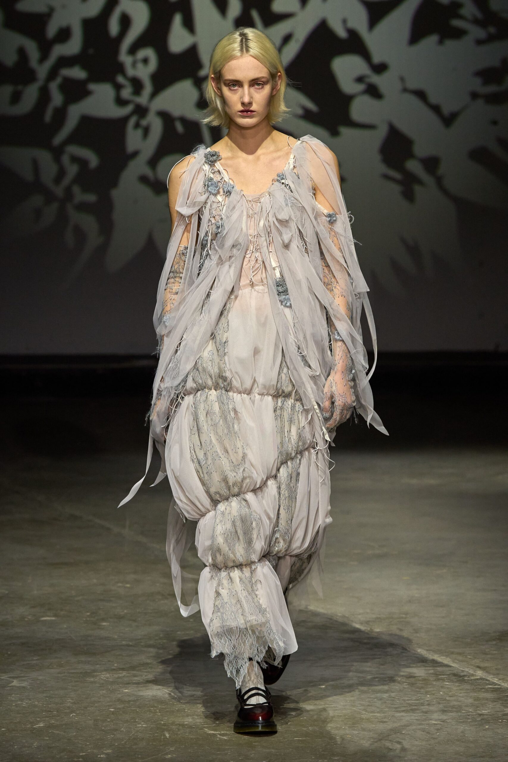 gray silk sleeveless v-neck relaxed ruffled layered dress