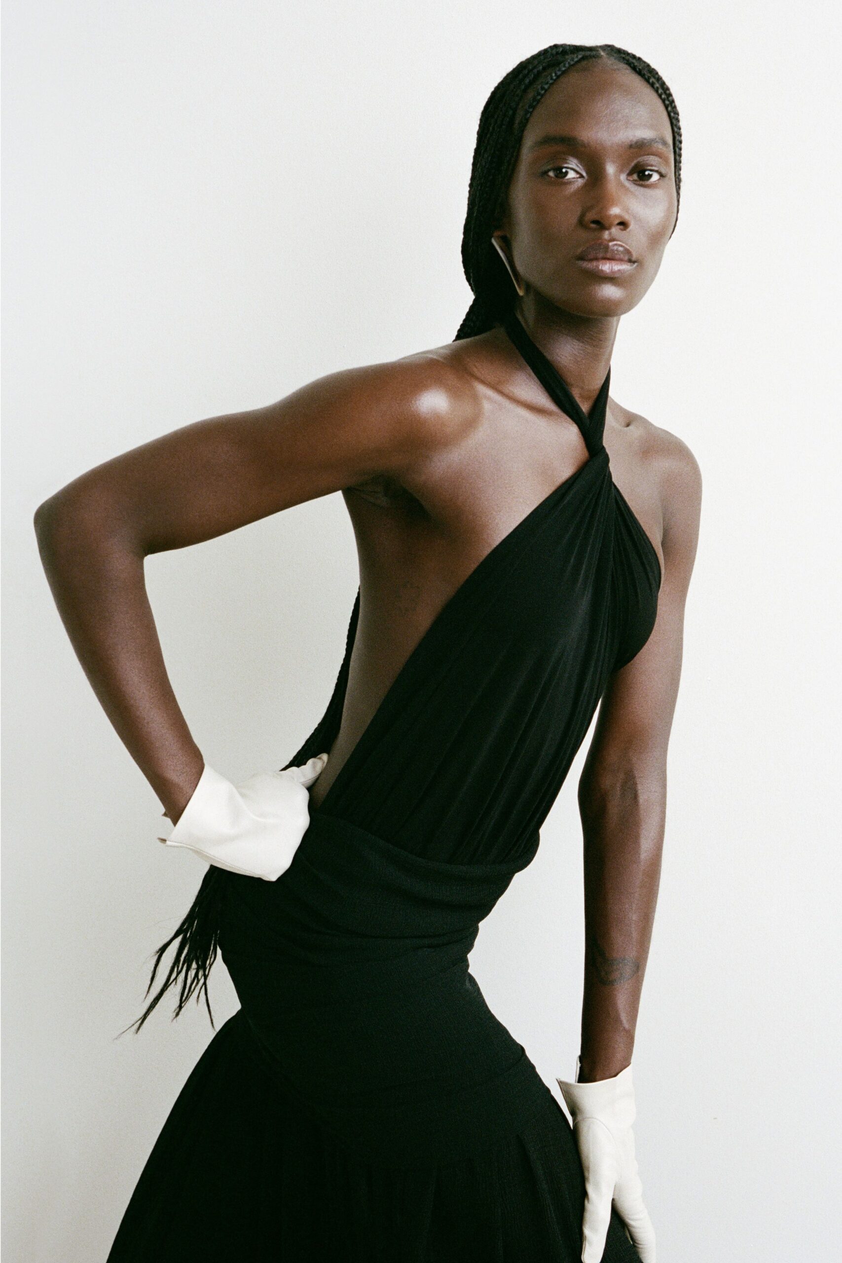 black cotton sleeveless halter fitted ruched tiered dress