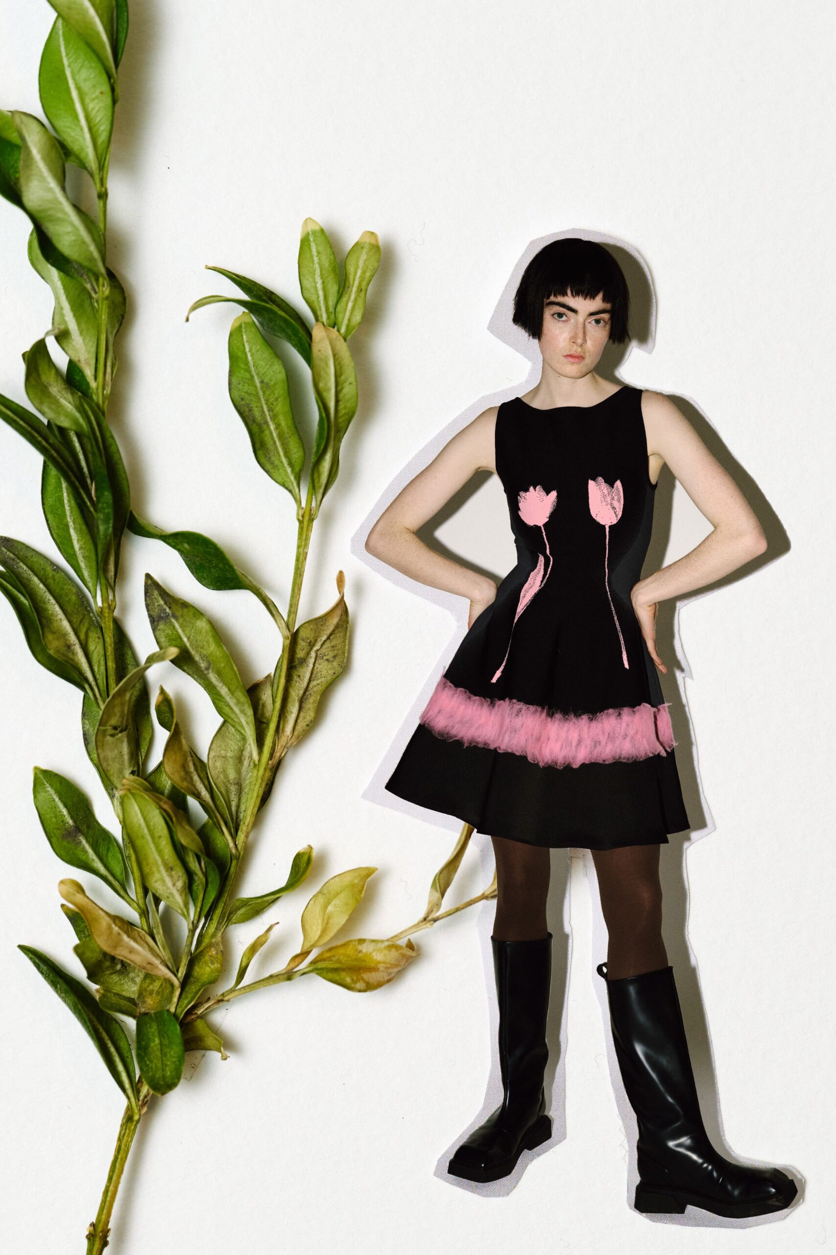 black cotton sleeveless v-neck fitted pleated embroidered dress