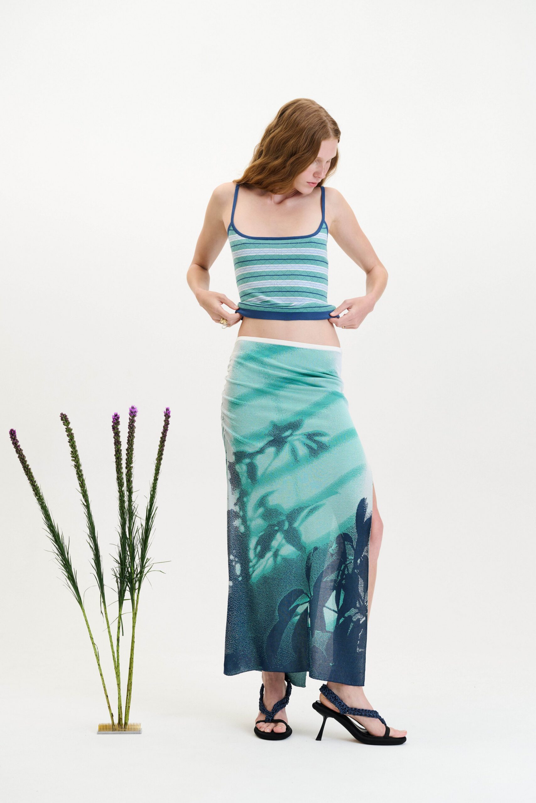blue green crop-top and maxi skirt