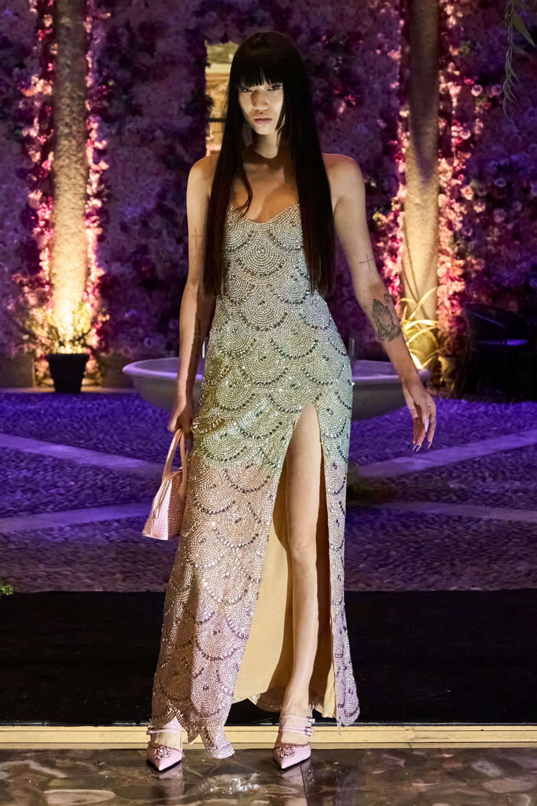 gold sequin sleeveless gown