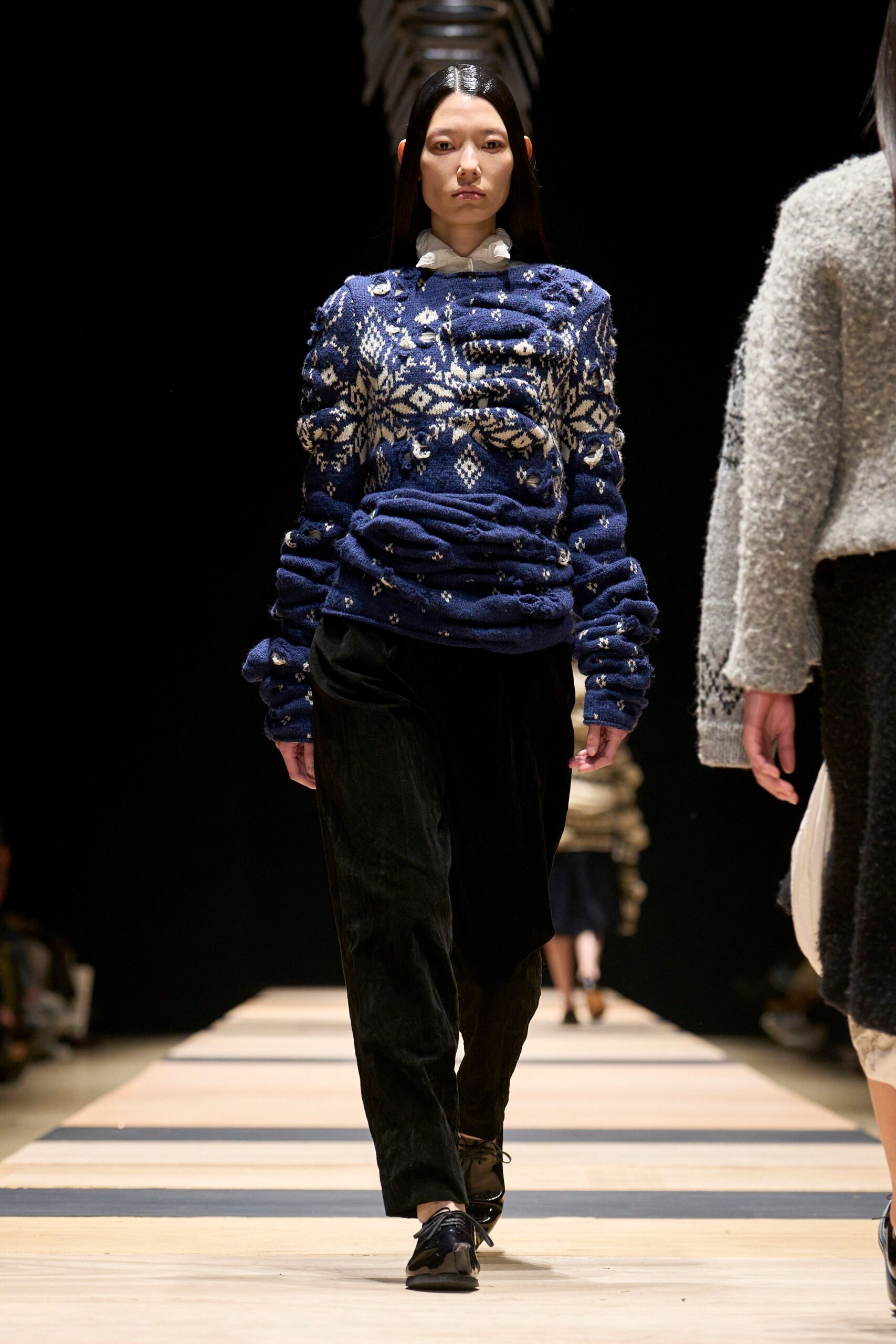 blue wool long-sleeve collared relaxed embroidered sweater