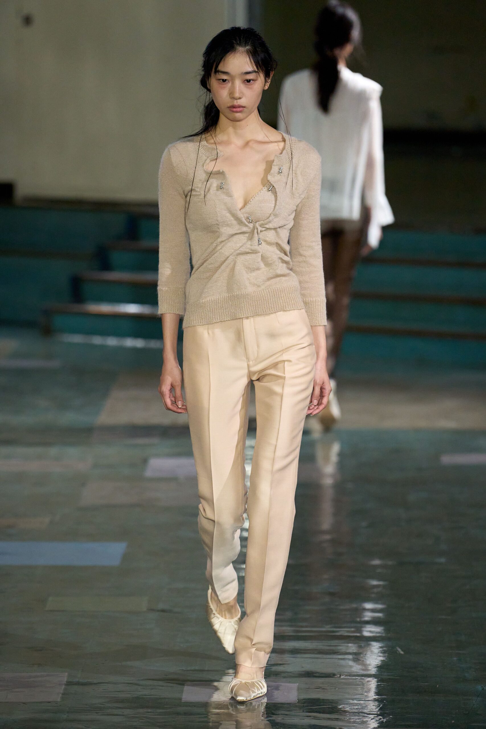 beige wool long-sleeve v-neck fitted buttoned sweater