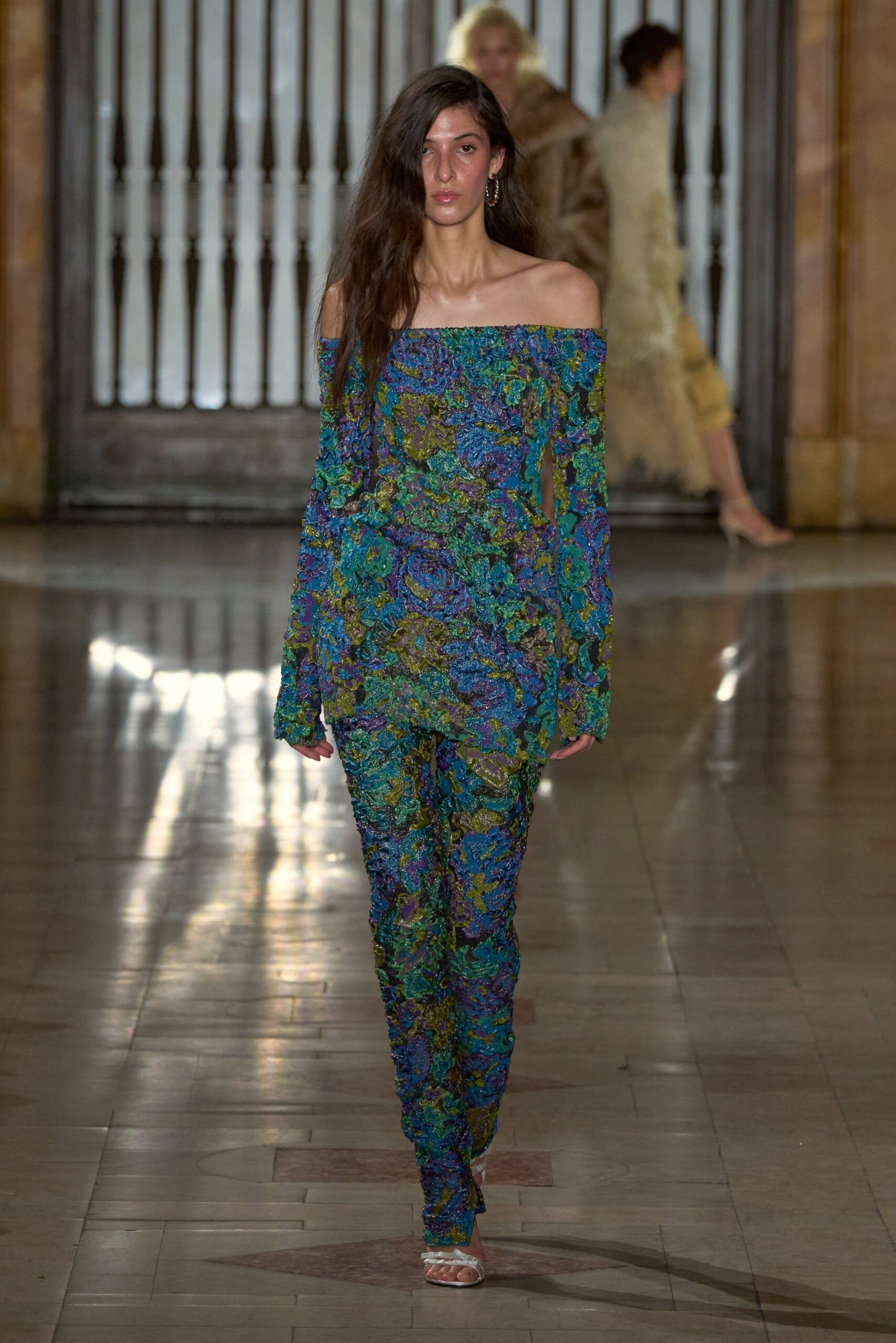 floral off-shoulder top and flared pants