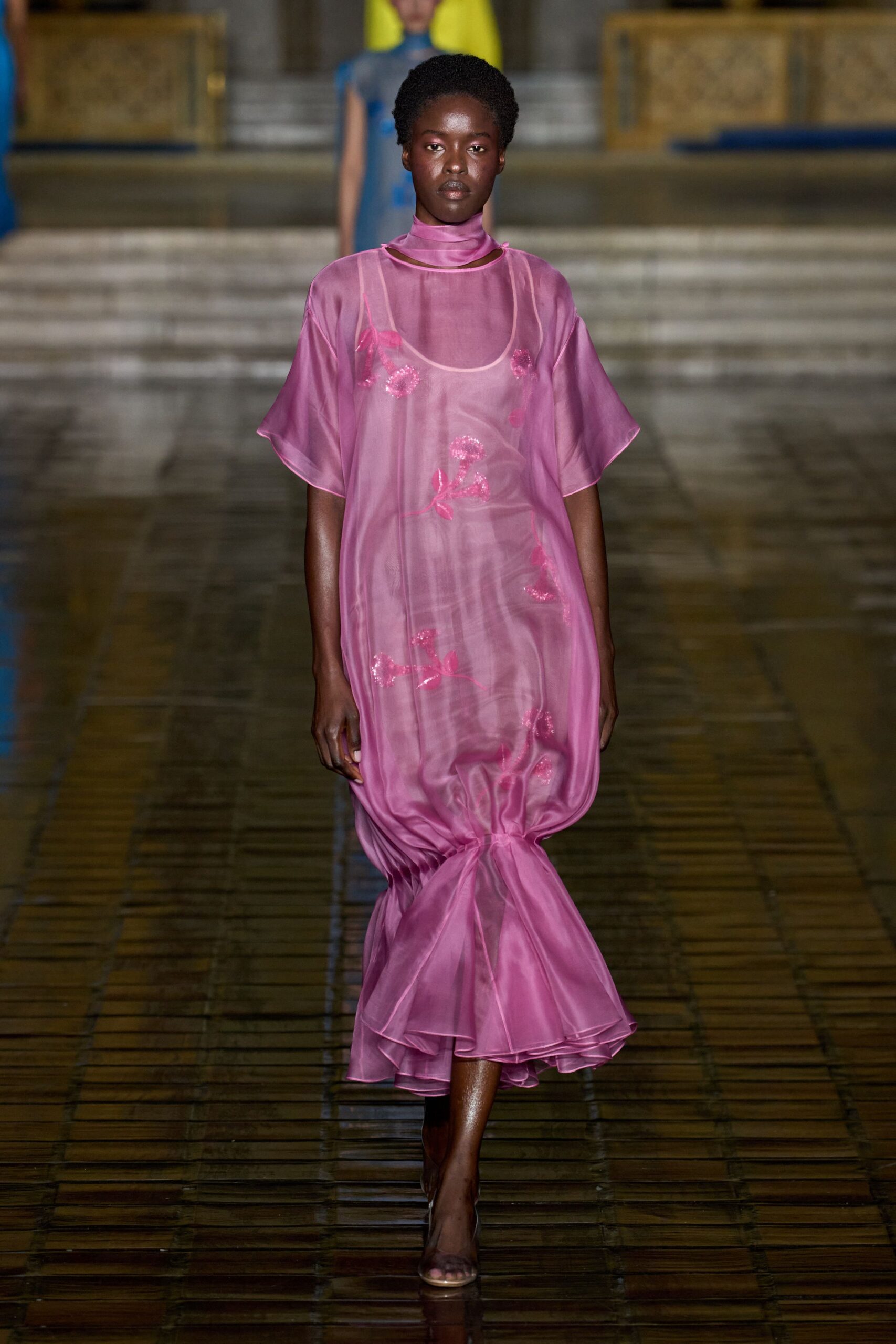 pink silk embroidered midi dress