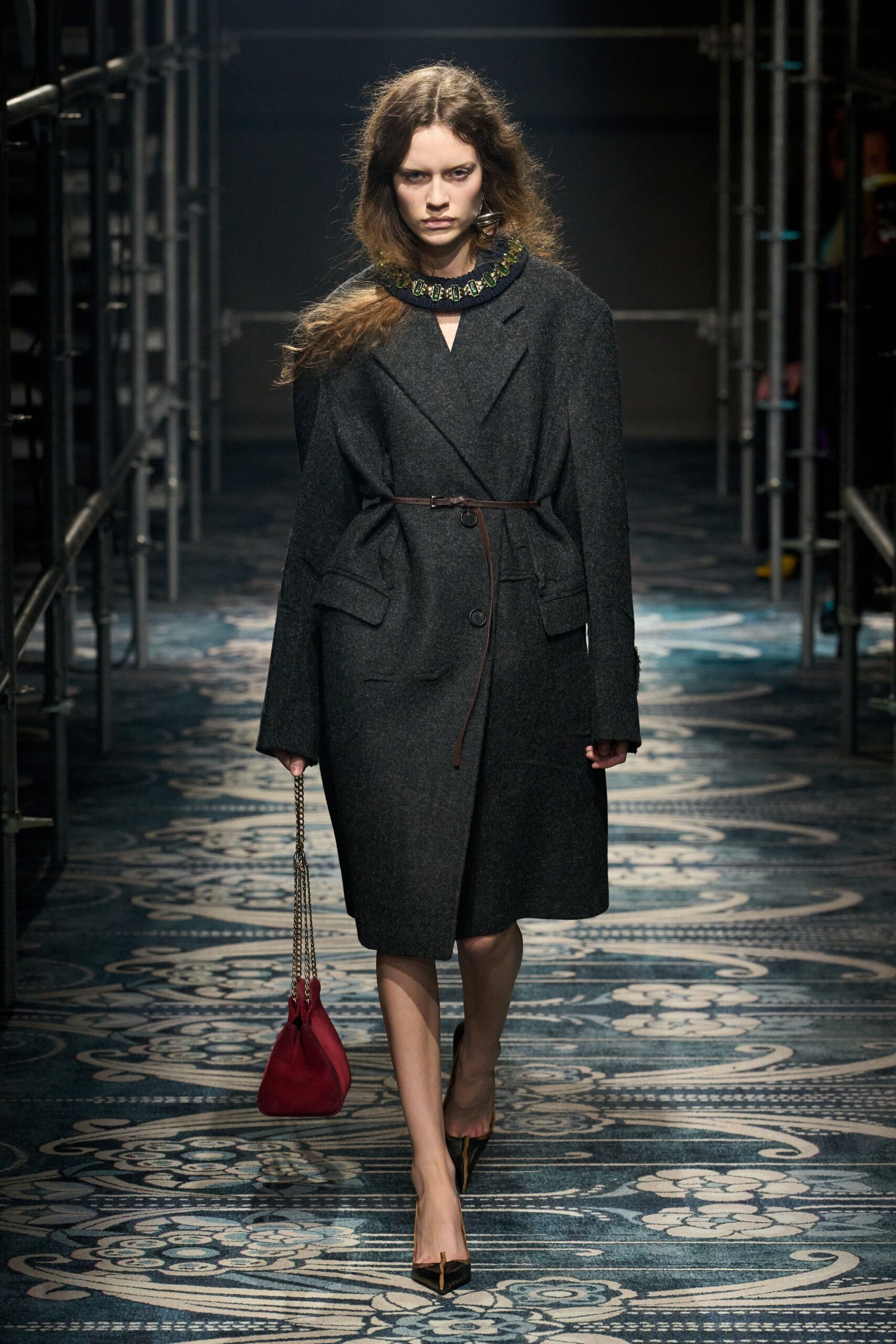 gray wool relaxed coat with red bag