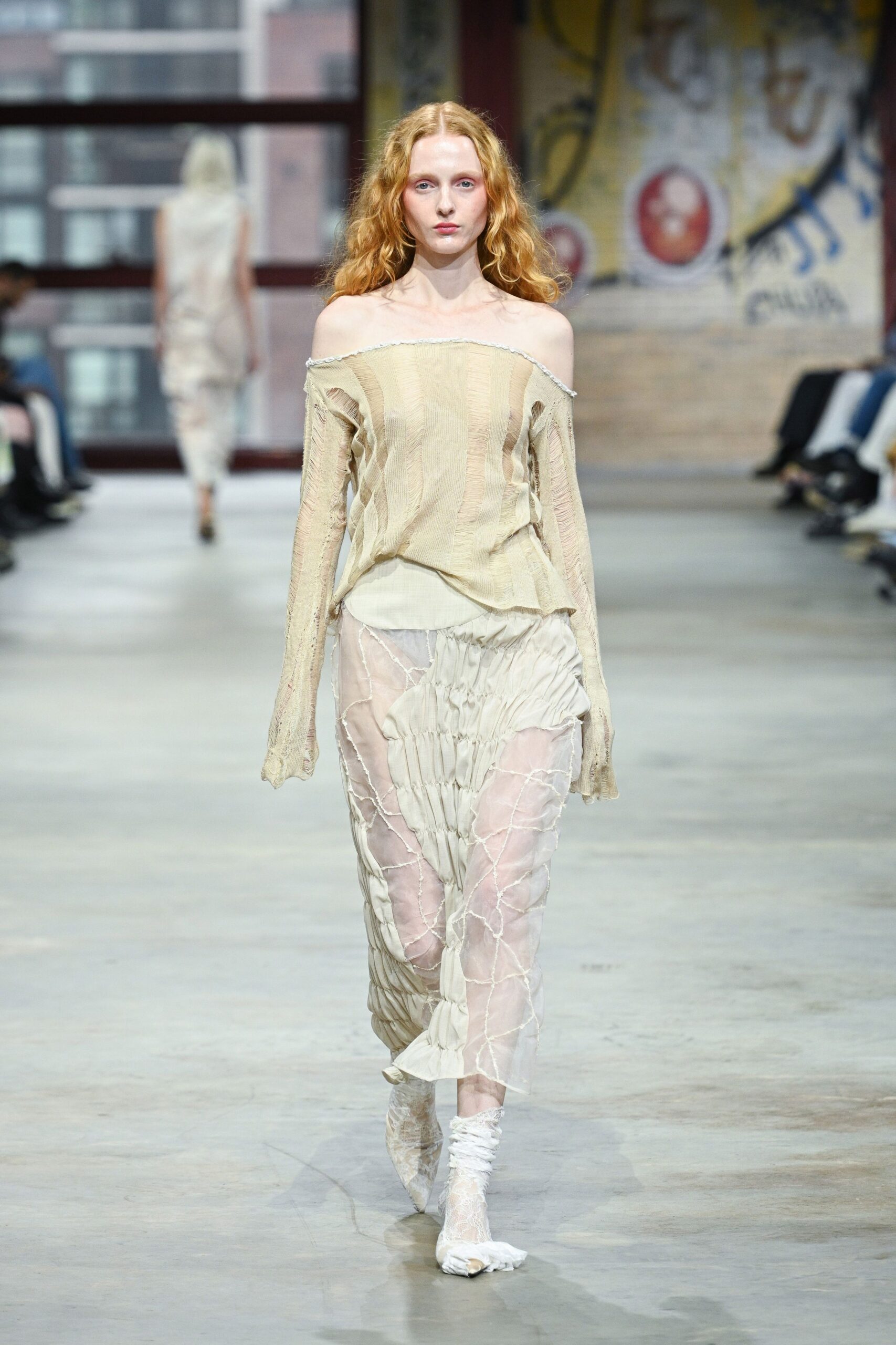 beige cotton off-shoulder long-sleeve relaxed pleated top