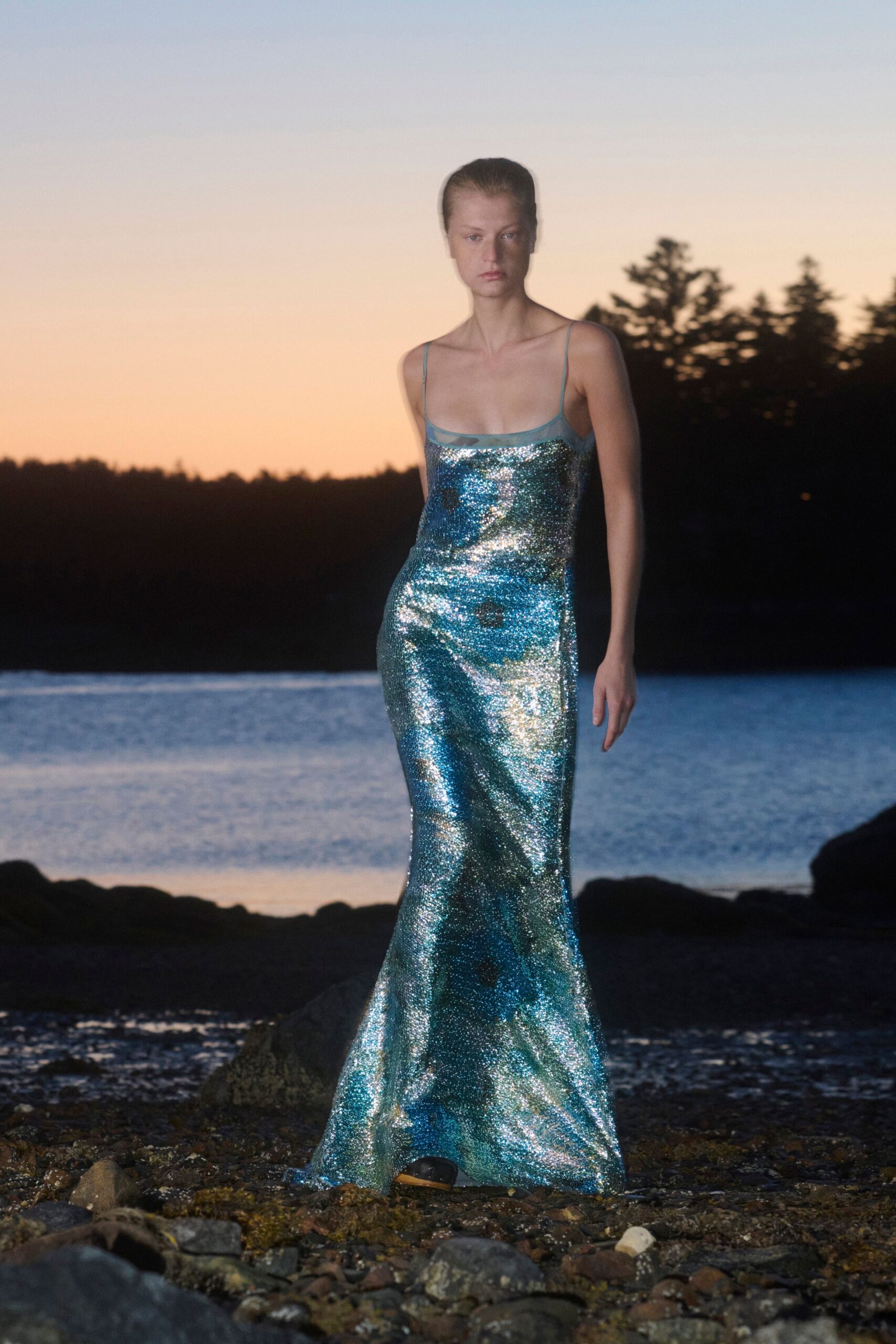 blue green sequin fitted gown