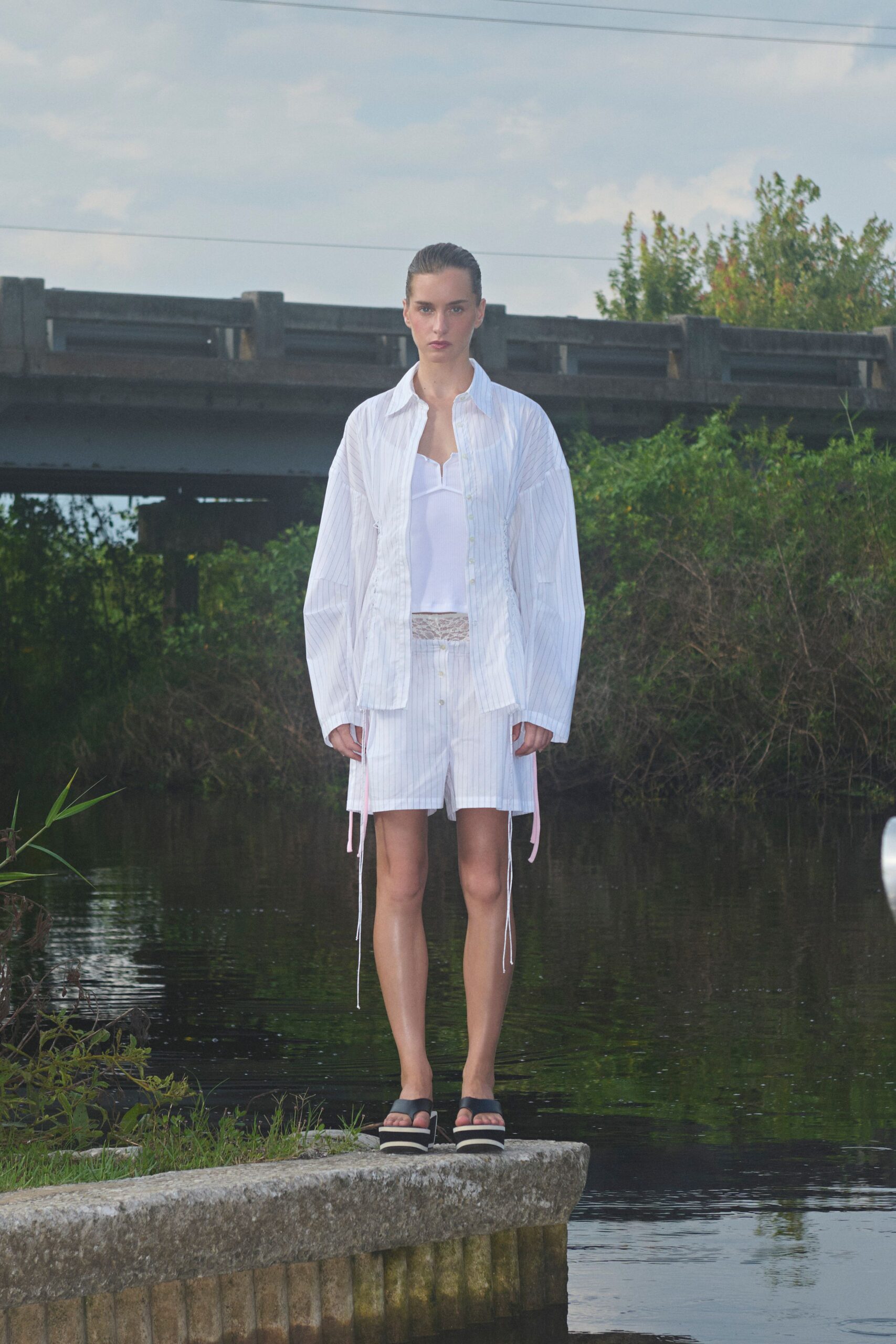 white relaxed shirt with shorts