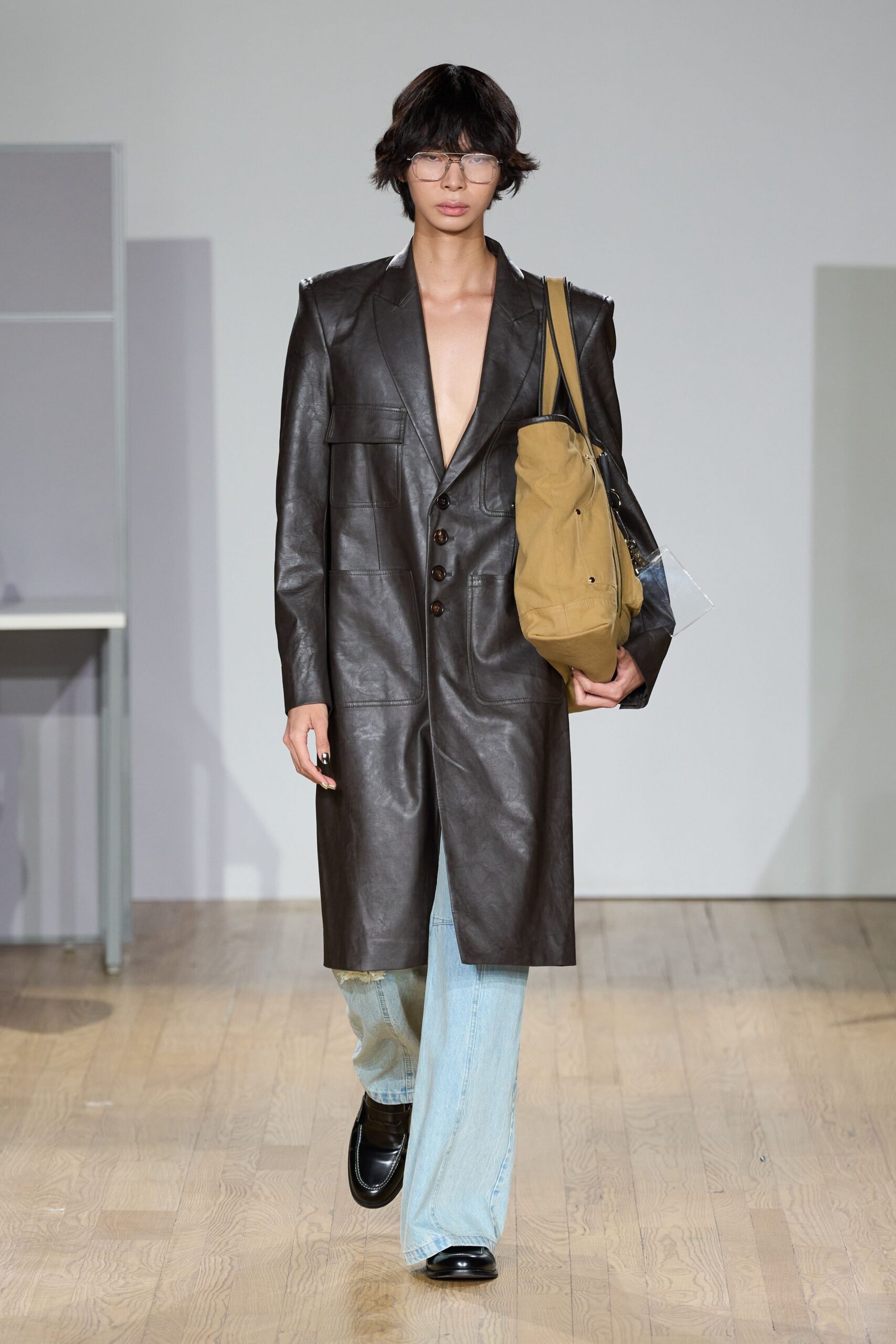 brown leather long-sleeve collared fitted buttoned coat