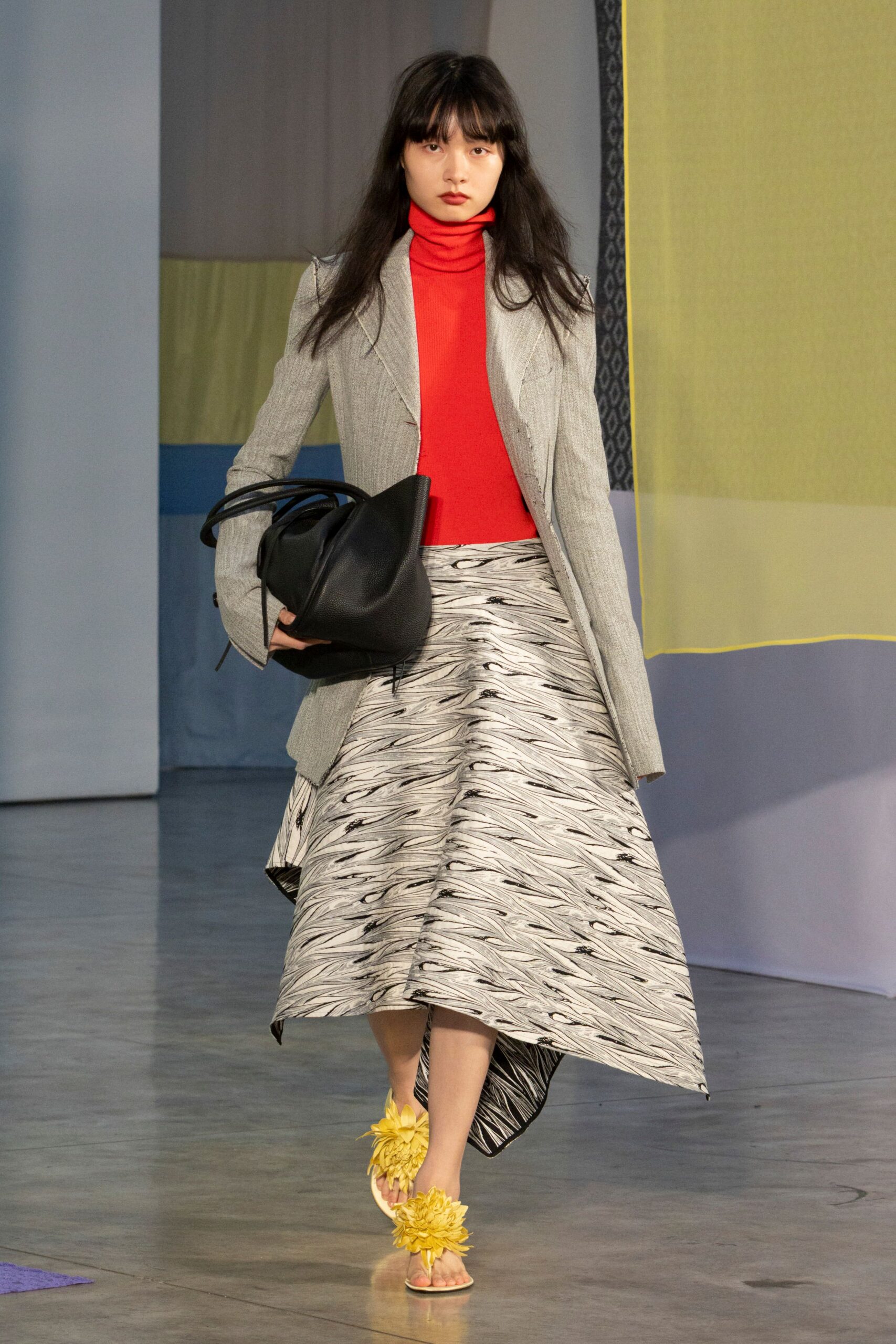 gray blazer red top midi skirt