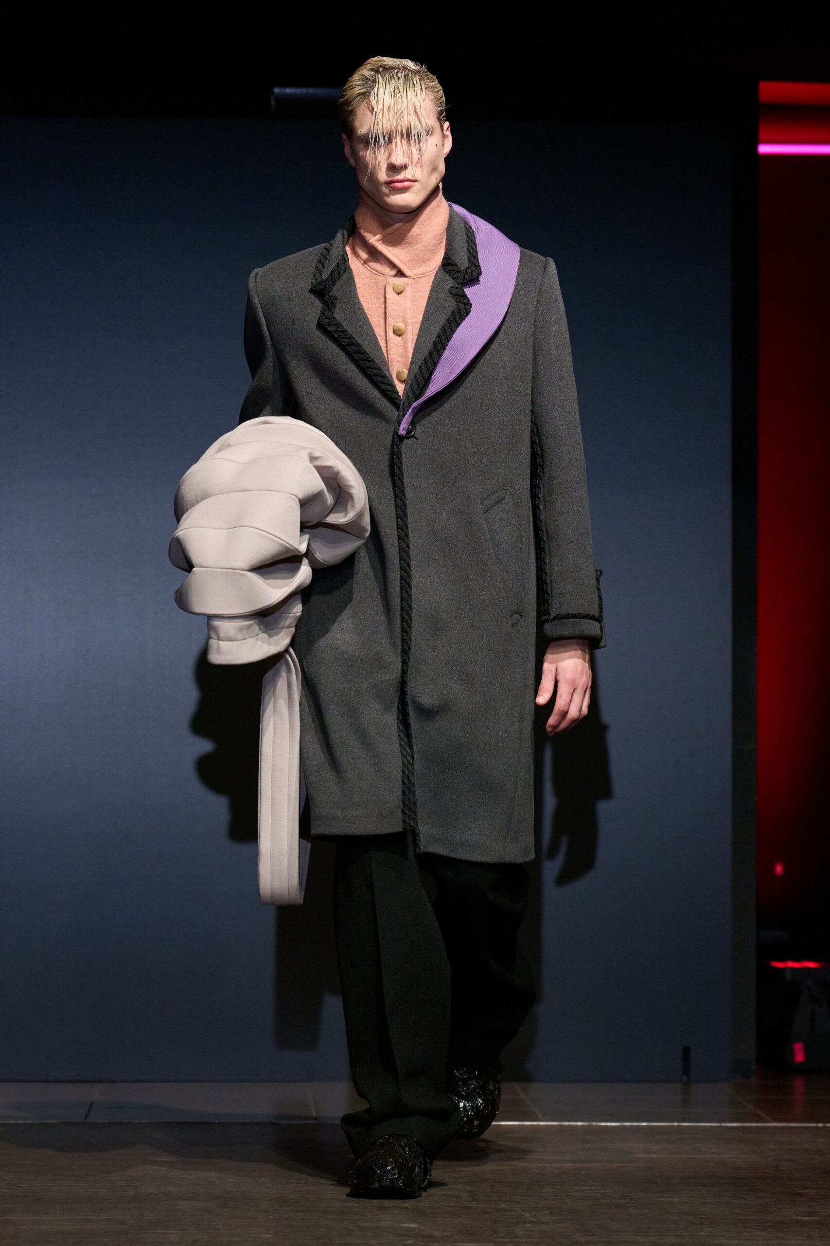 gray wool coat with purple detail