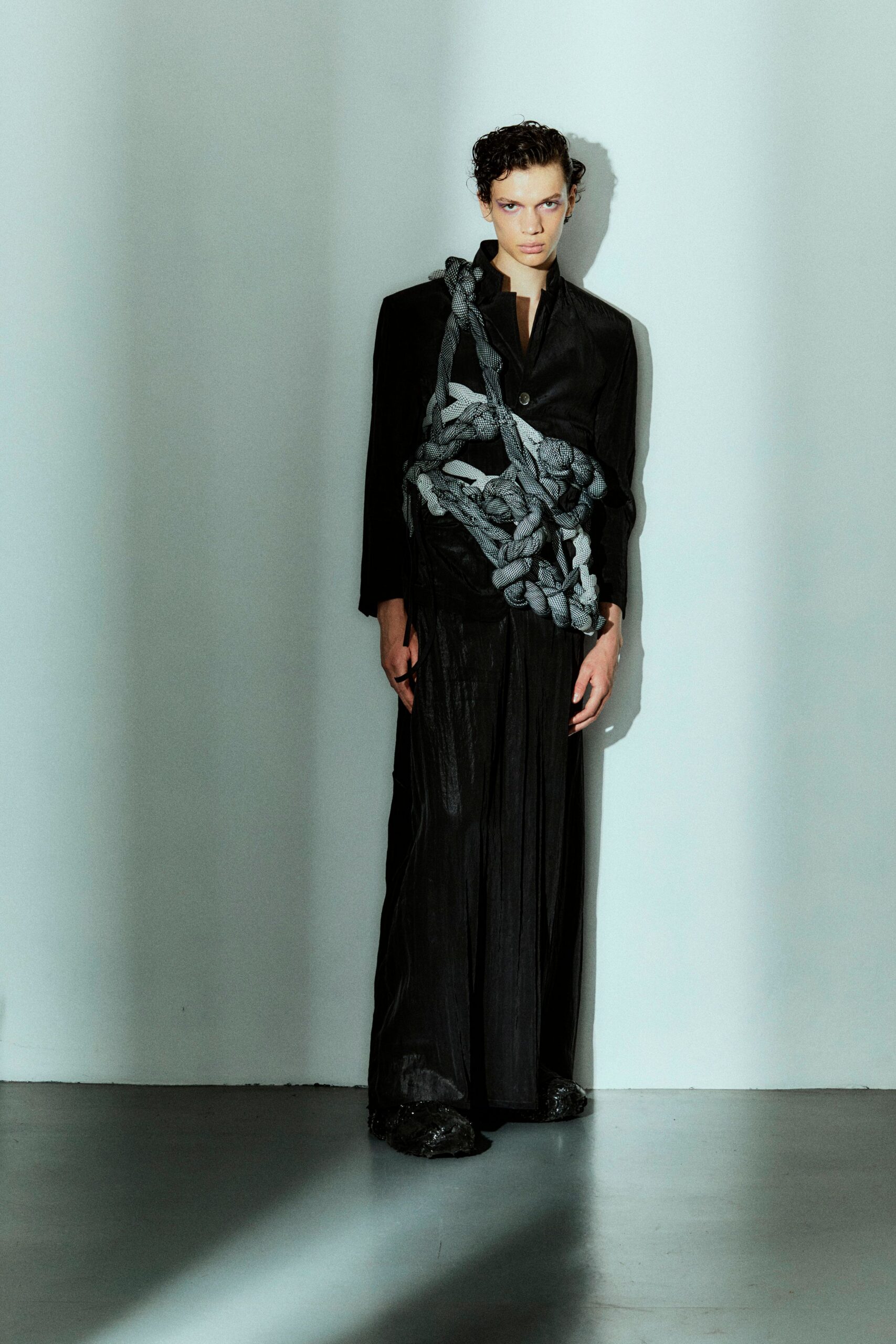 black silk long-sleeve collared fitted layered maxi dress