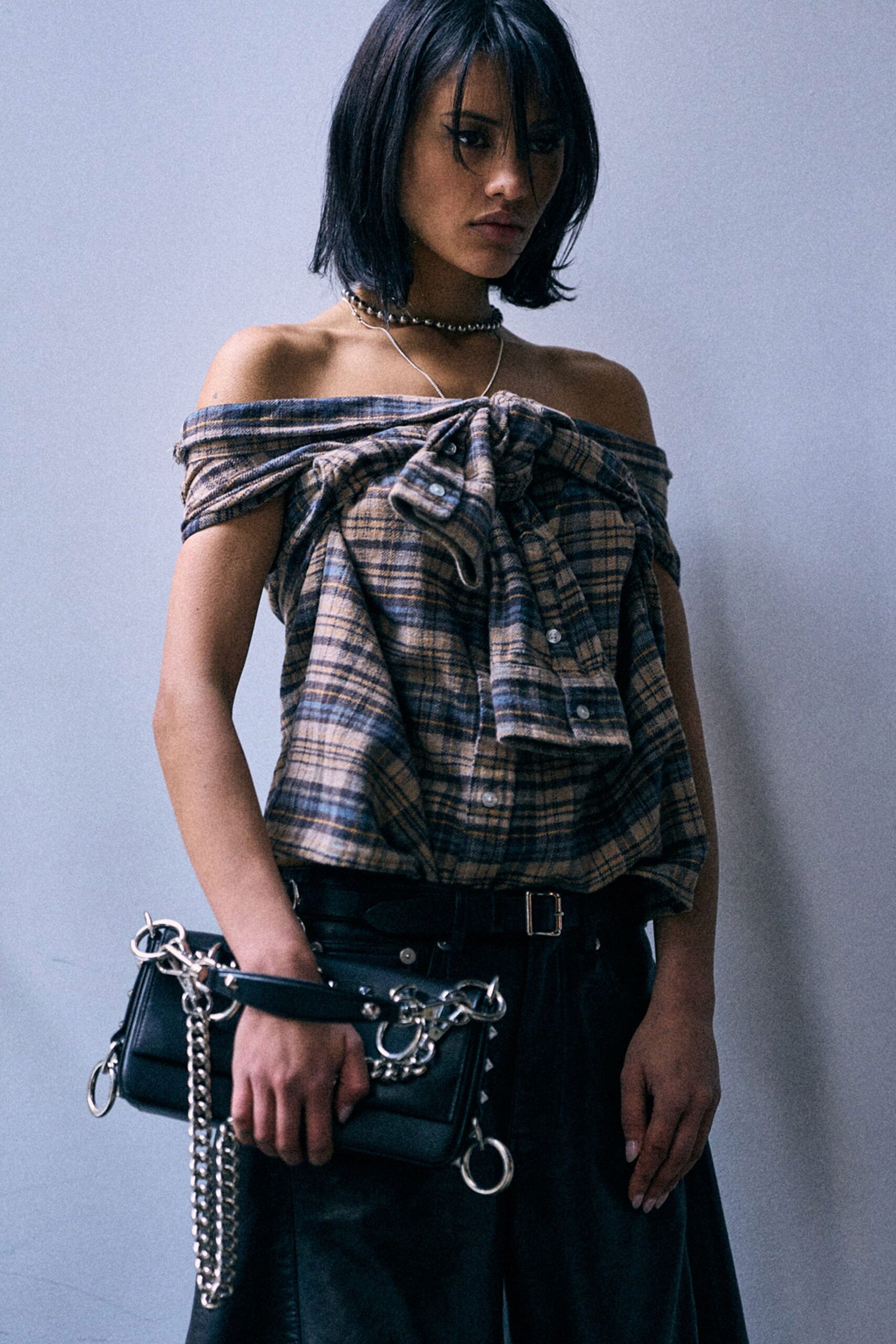 brown cotton off-shoulder short-sleeve relaxed checked shirt