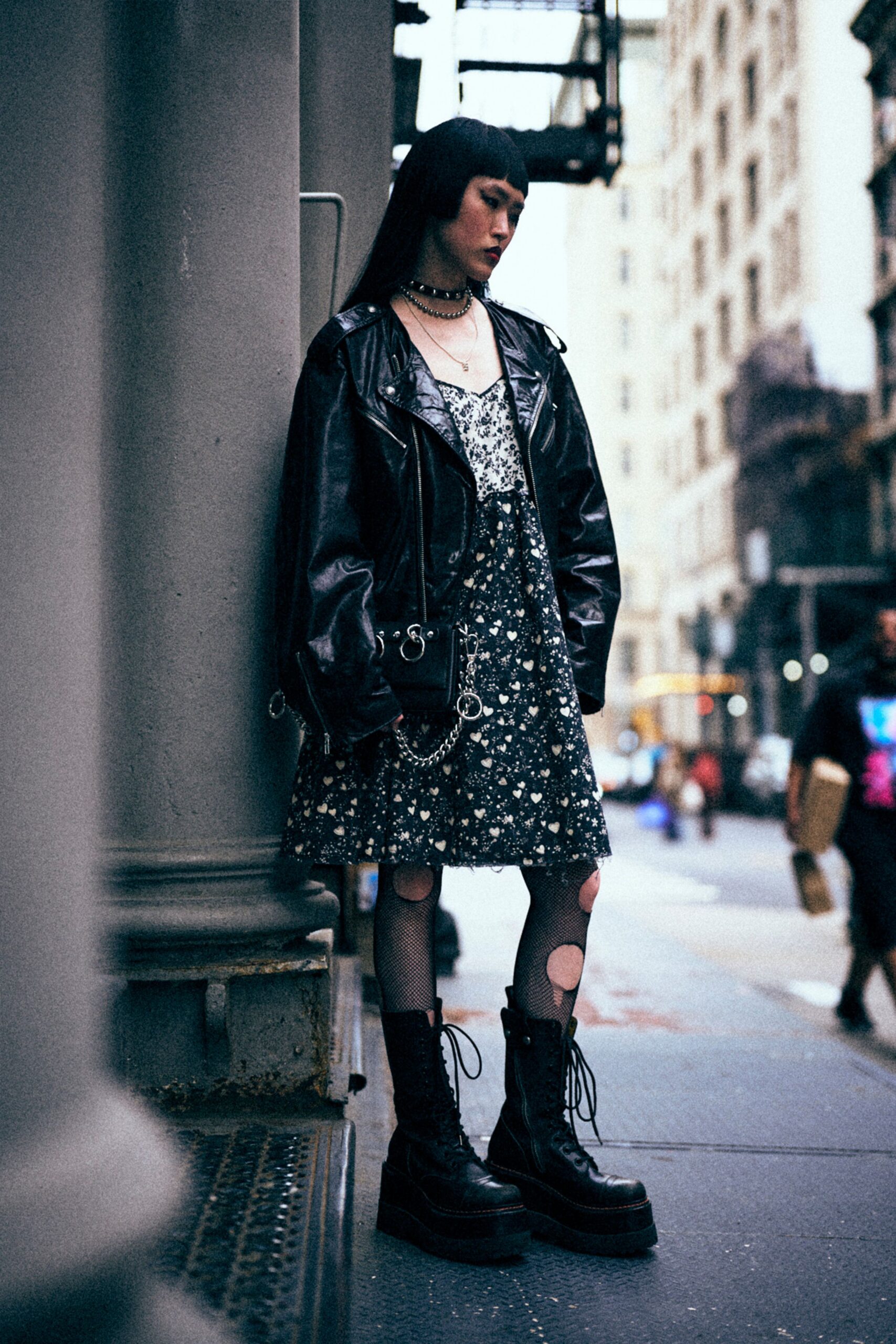 black floral mini dress with leather jacket