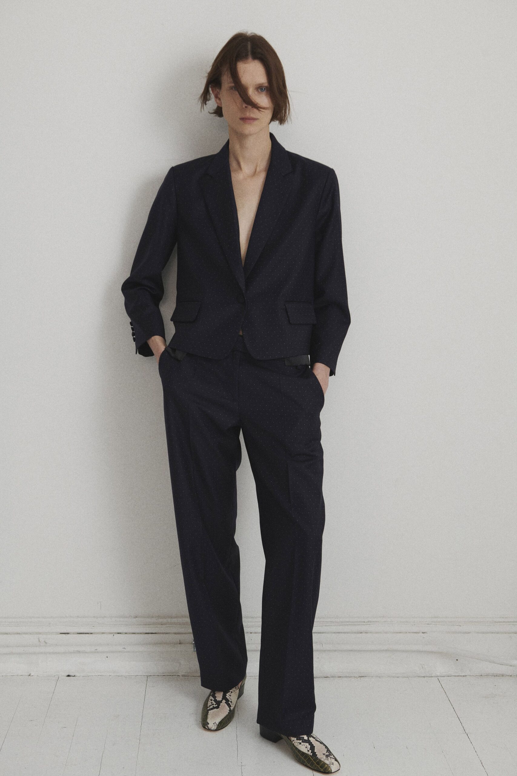 navy tailored blazer with relaxed pants