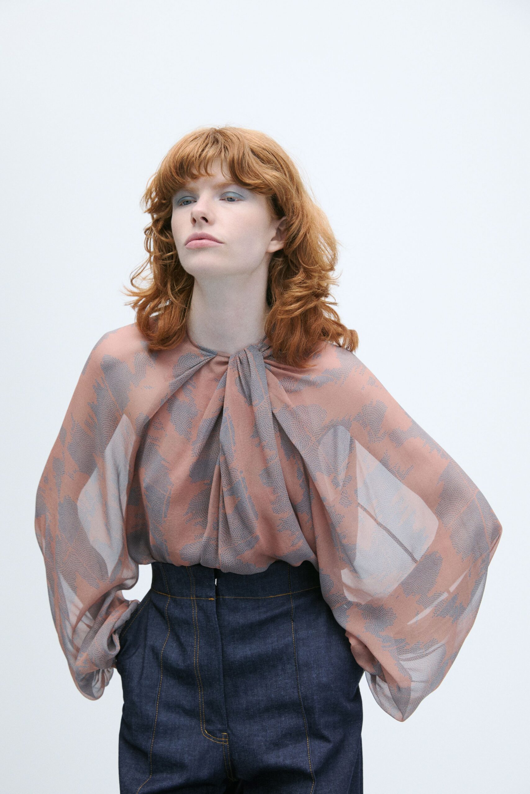 pink silk long-sleeve collared relaxed printed top