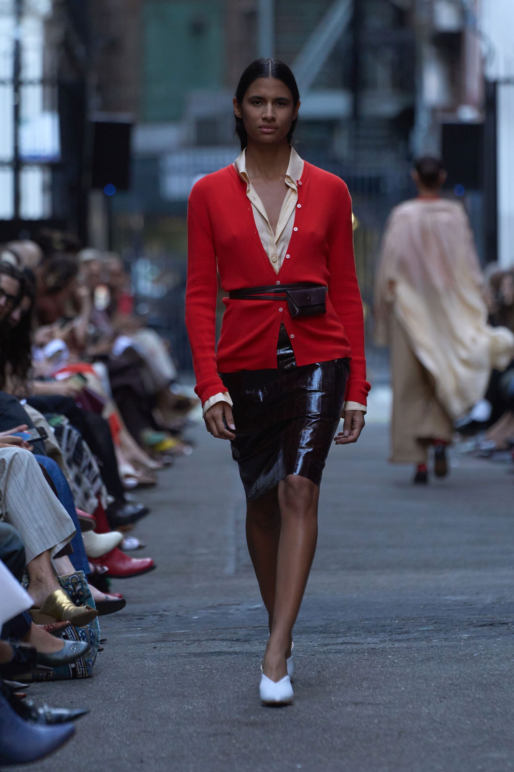 red long-sleeve collared fitted cardigan