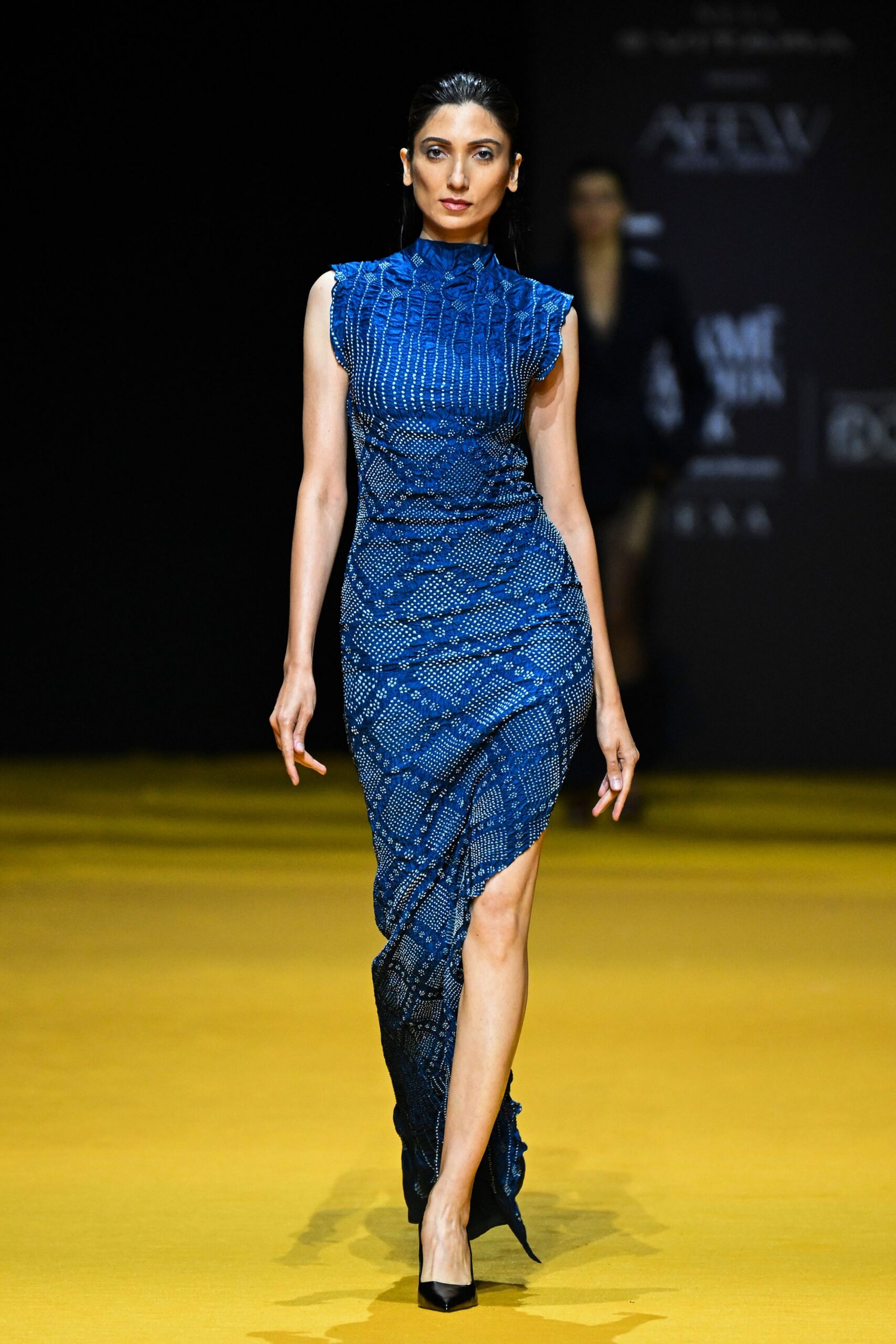 blue fitted gown with asymmetric detail