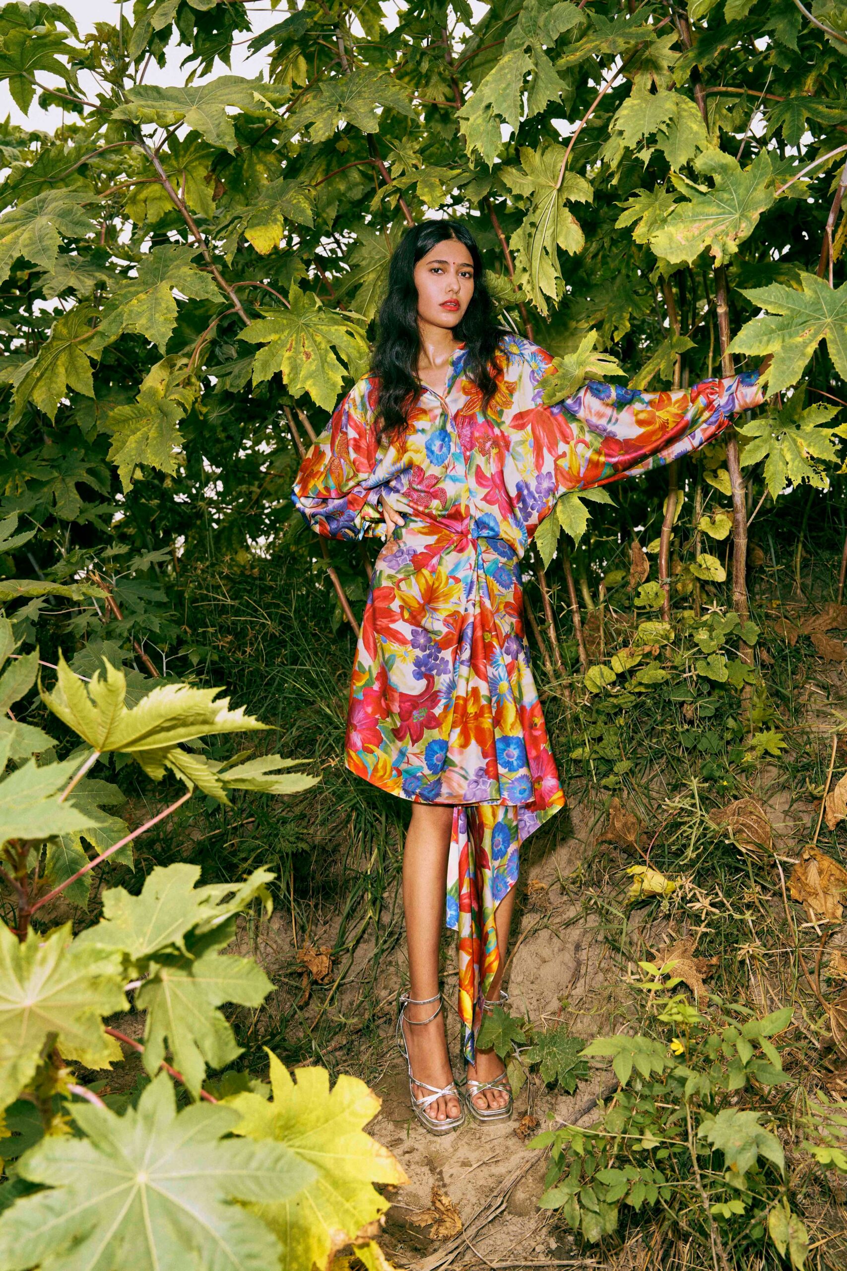 multi silk long-sleeve collared relaxed floral draped dress