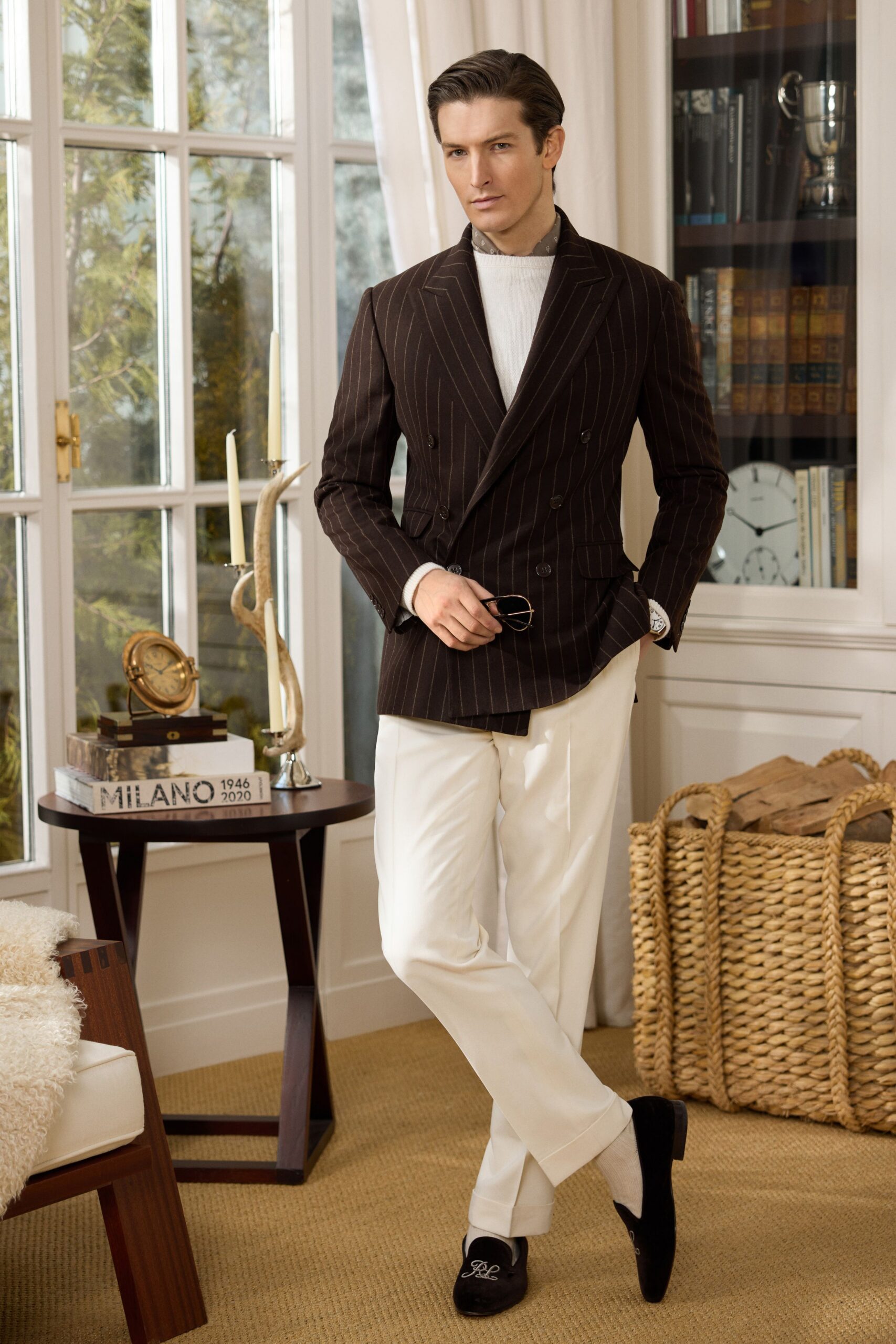 brown striped blazer with white sweater