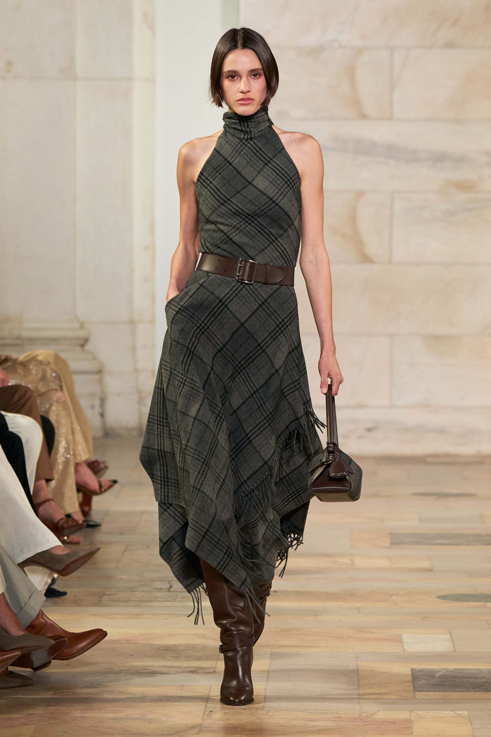 gray cotton sleeveless high-neck fitted checked belted dress