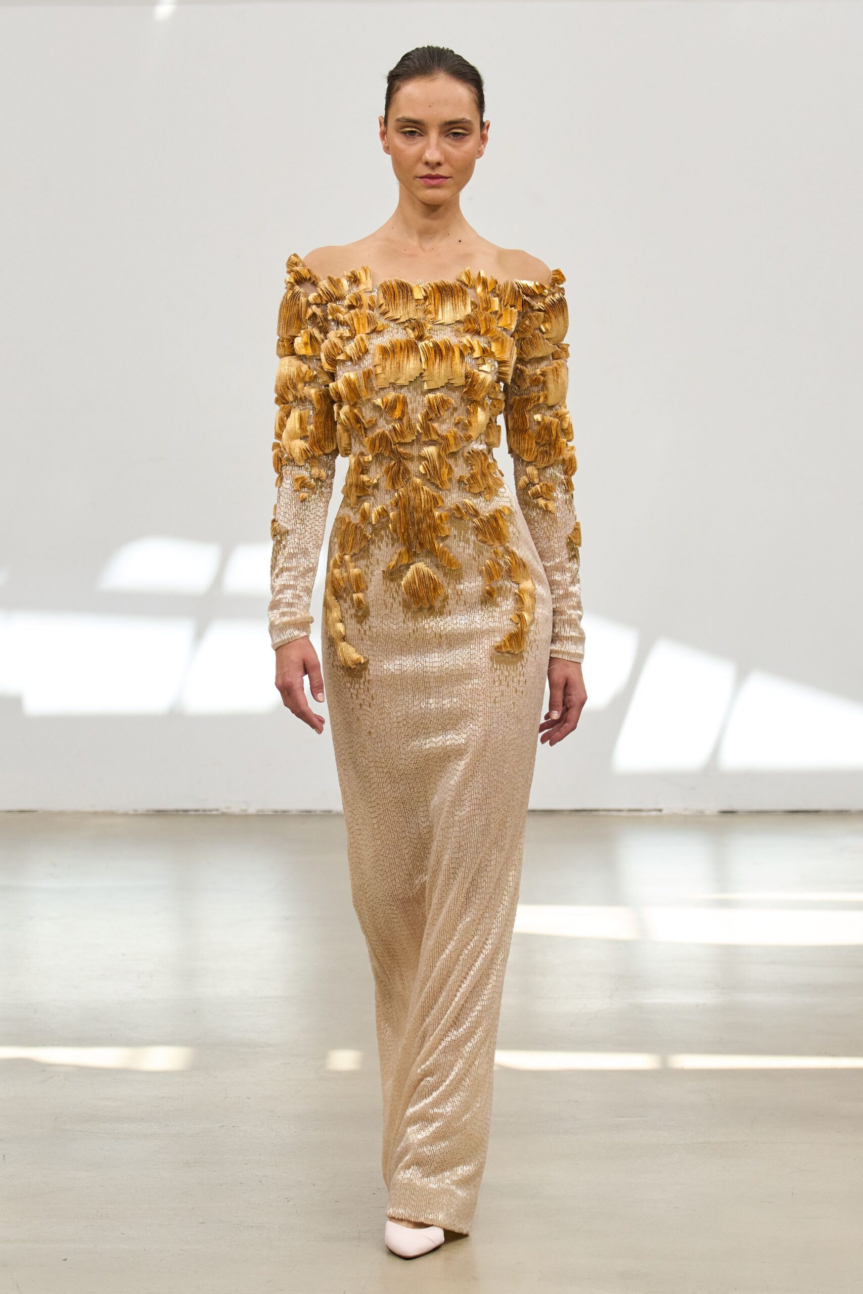 gold silk long-sleeve off-shoulder fitted ruffled embroidered gown