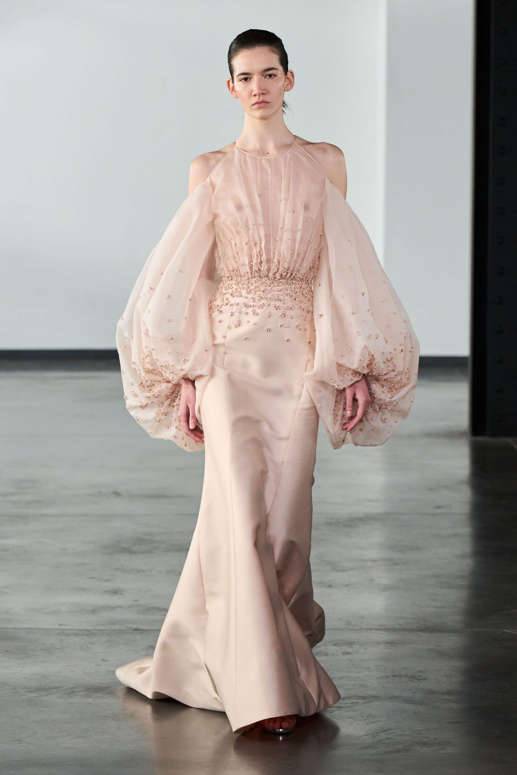 pink silk off-shoulder gown