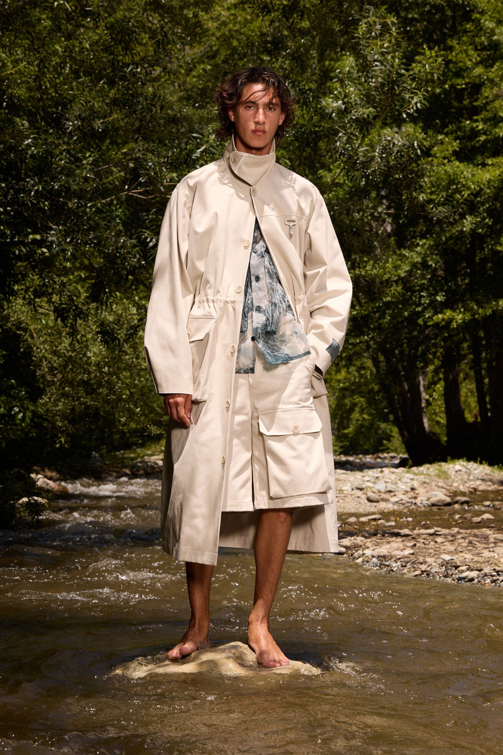 beige cotton long-sleeve collared relaxed buttoned pockets coat