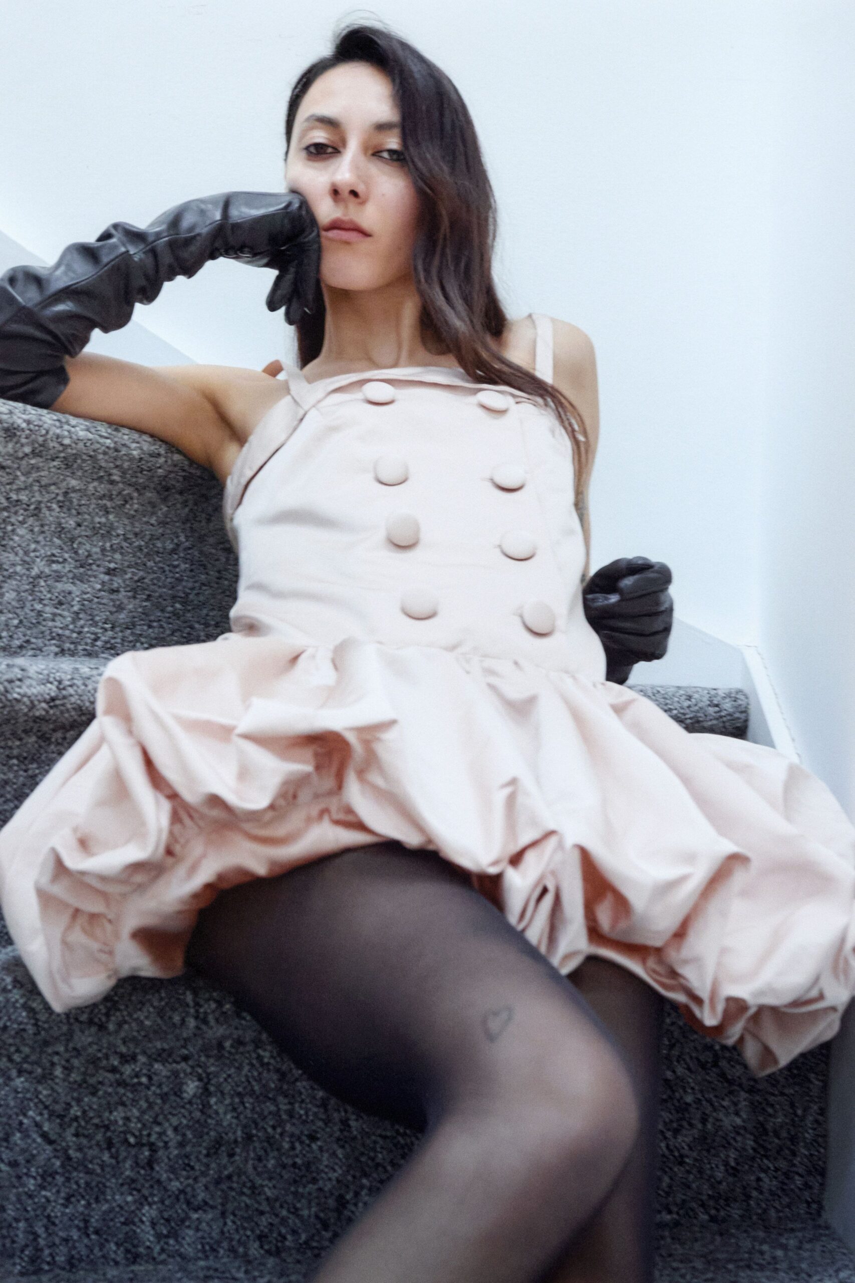pink mini dress with gloves