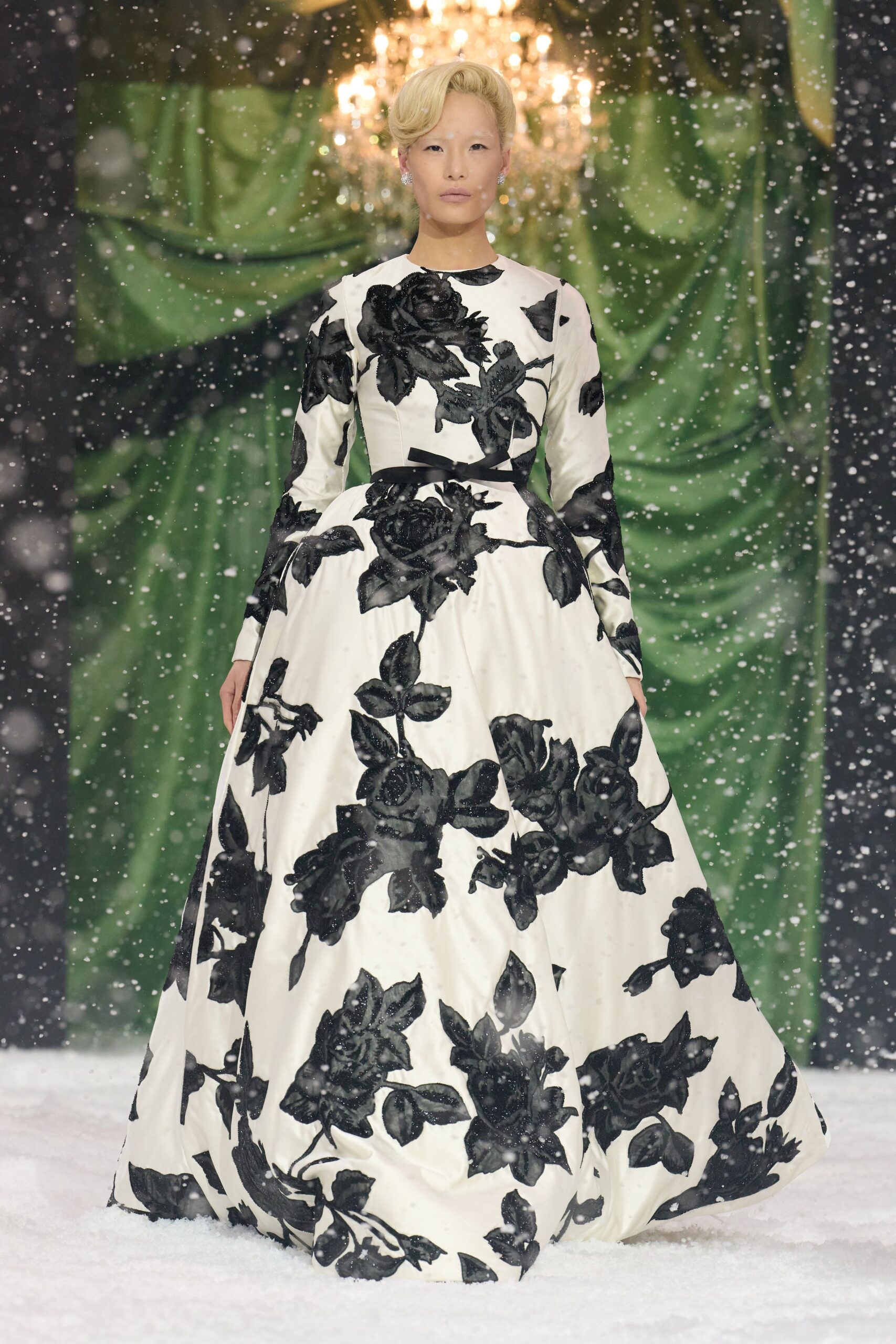 white and black floral gown