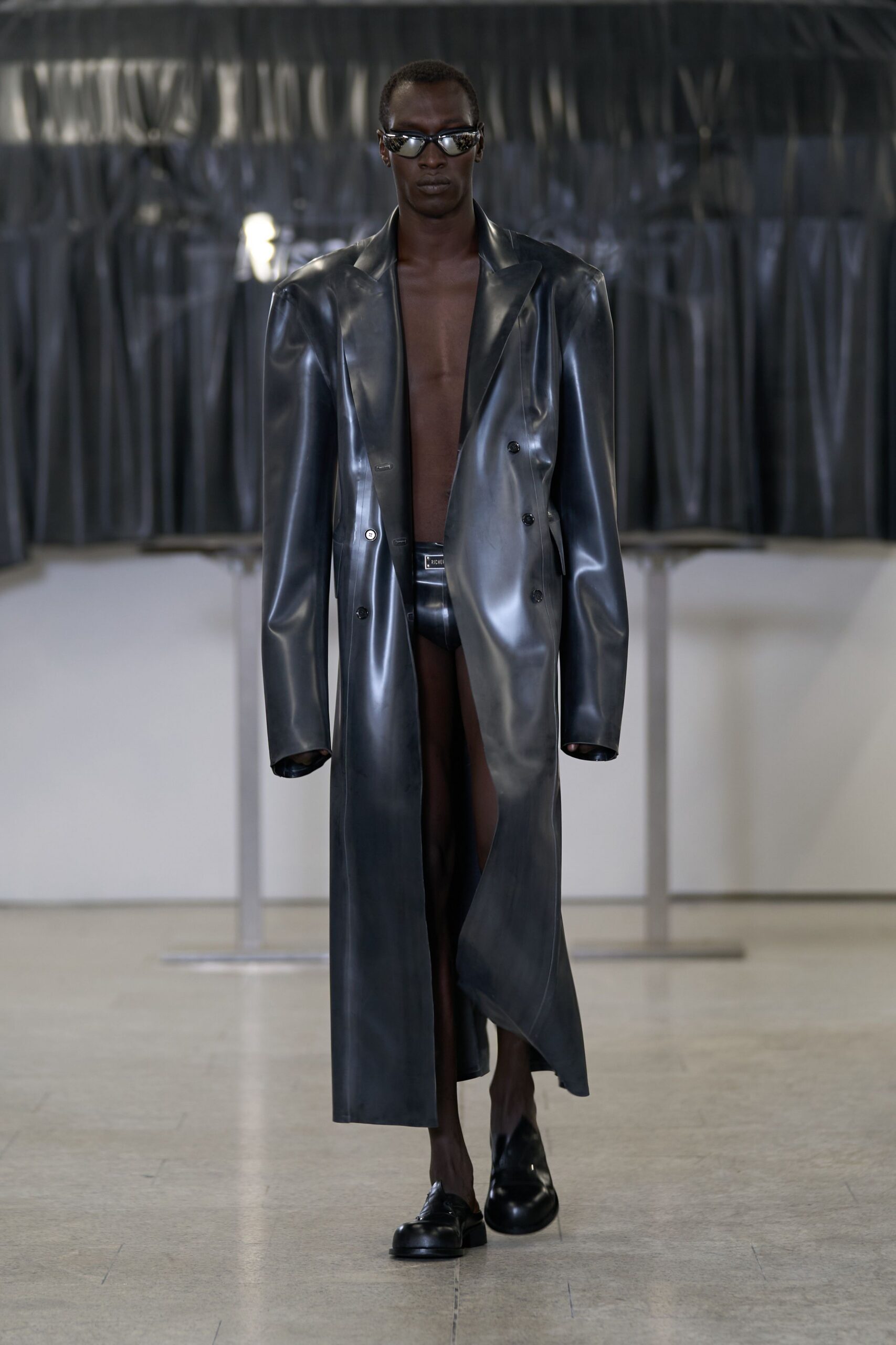 black leather long-sleeve collared oversized buttoned maxi coat