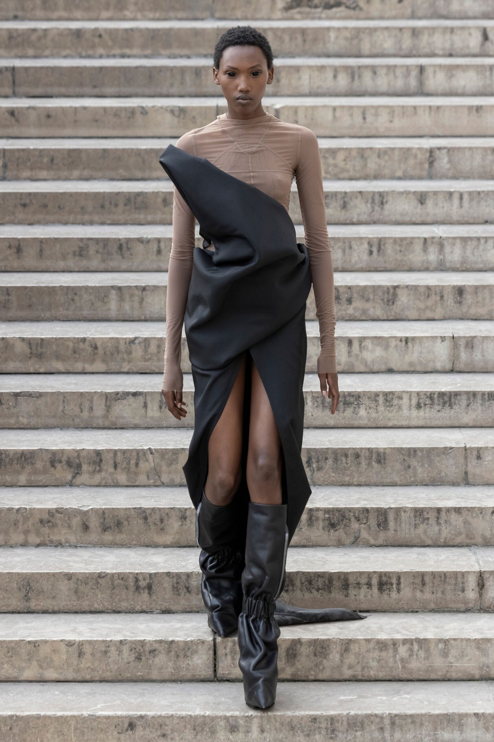 black draped midi dress with boots