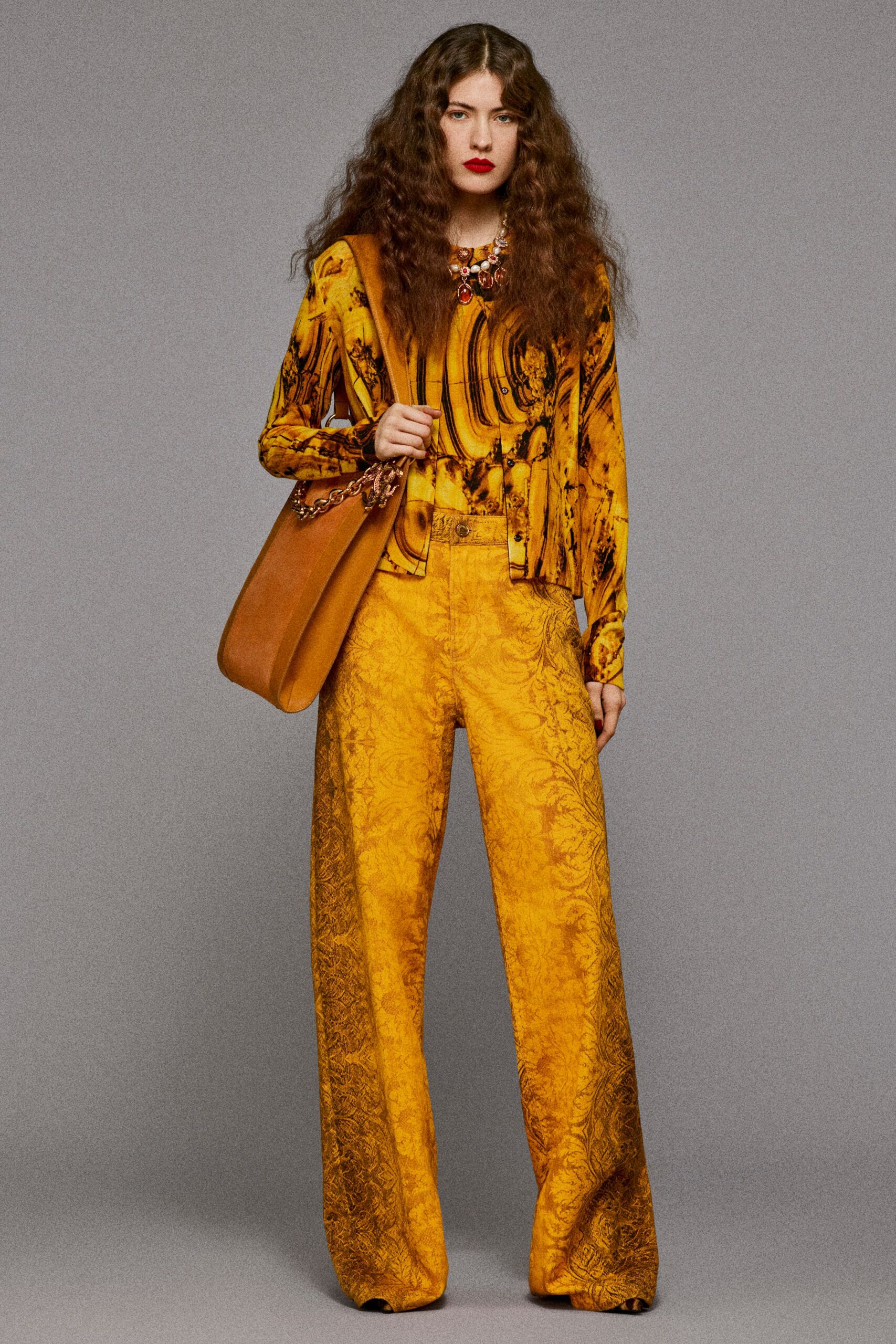 yellow silk long-sleeve collared relaxed printed shirt