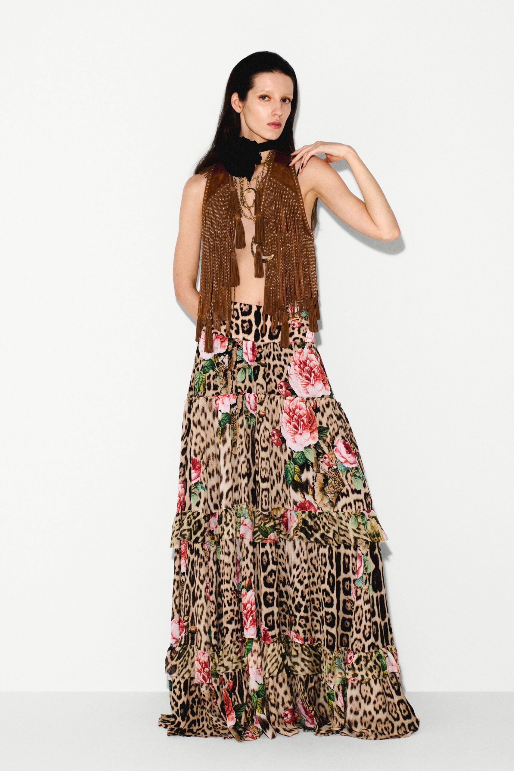 fringed black top with floral maxi skirt